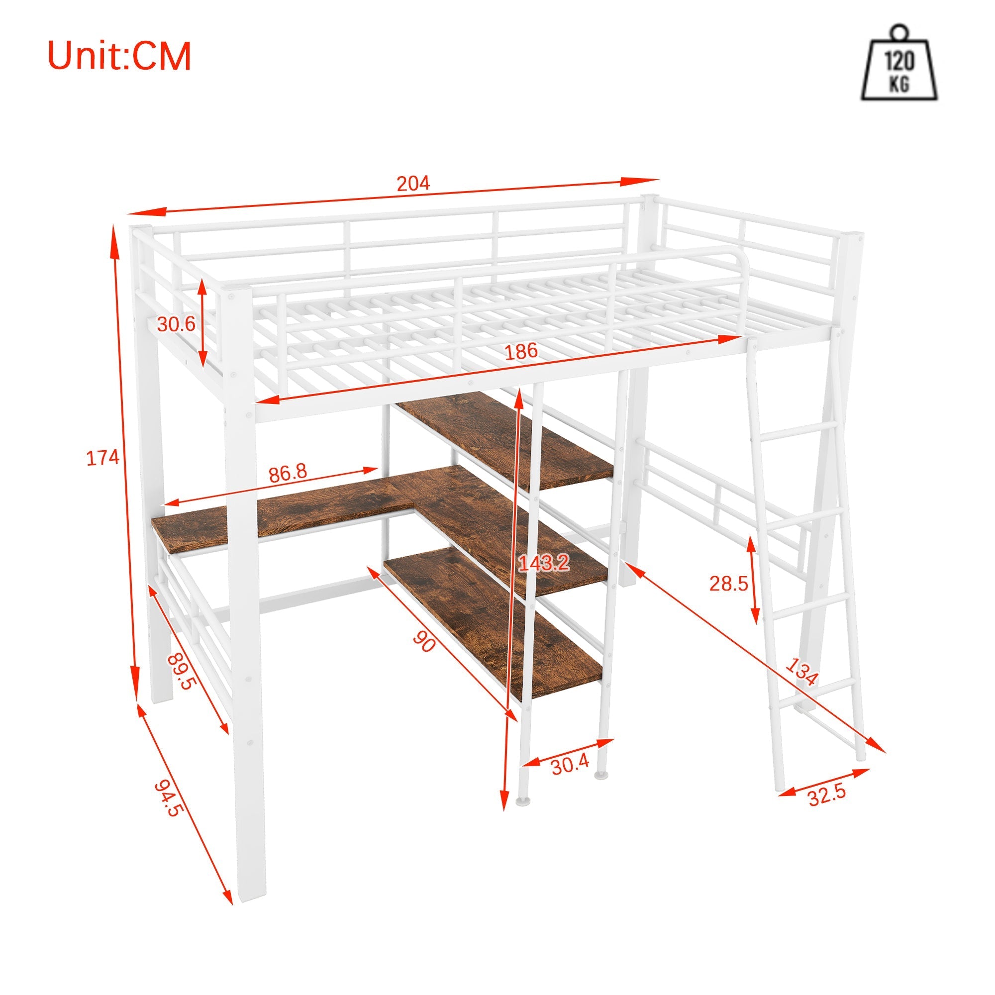 Loft Bed 90x200cm with Desk Shelves Railing Ladder Iron Frame White