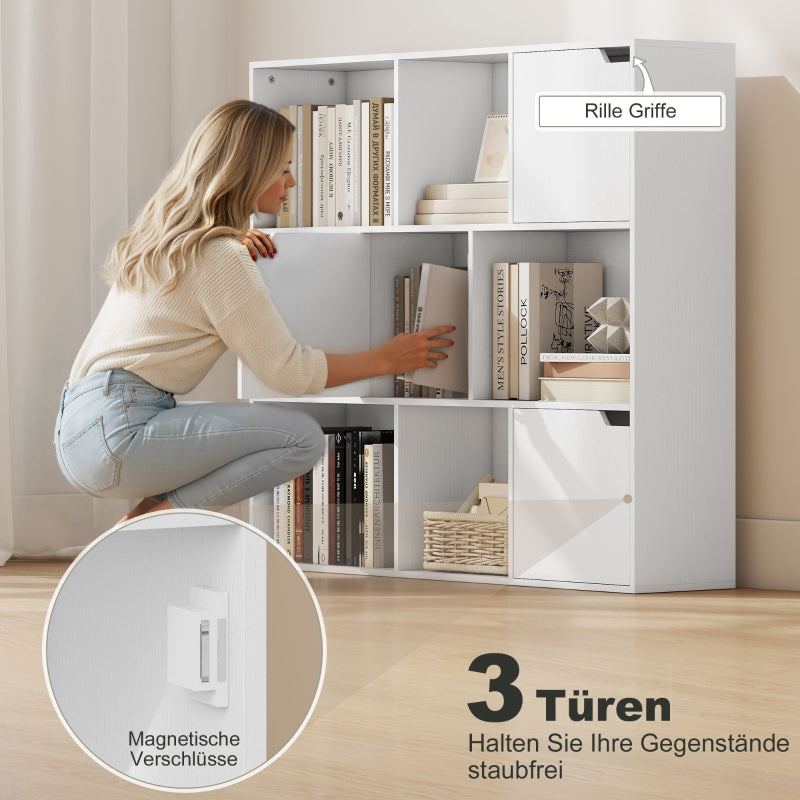 Bookshelf 9 Cube Compartments 3 Doors 6 Open Shelves - White