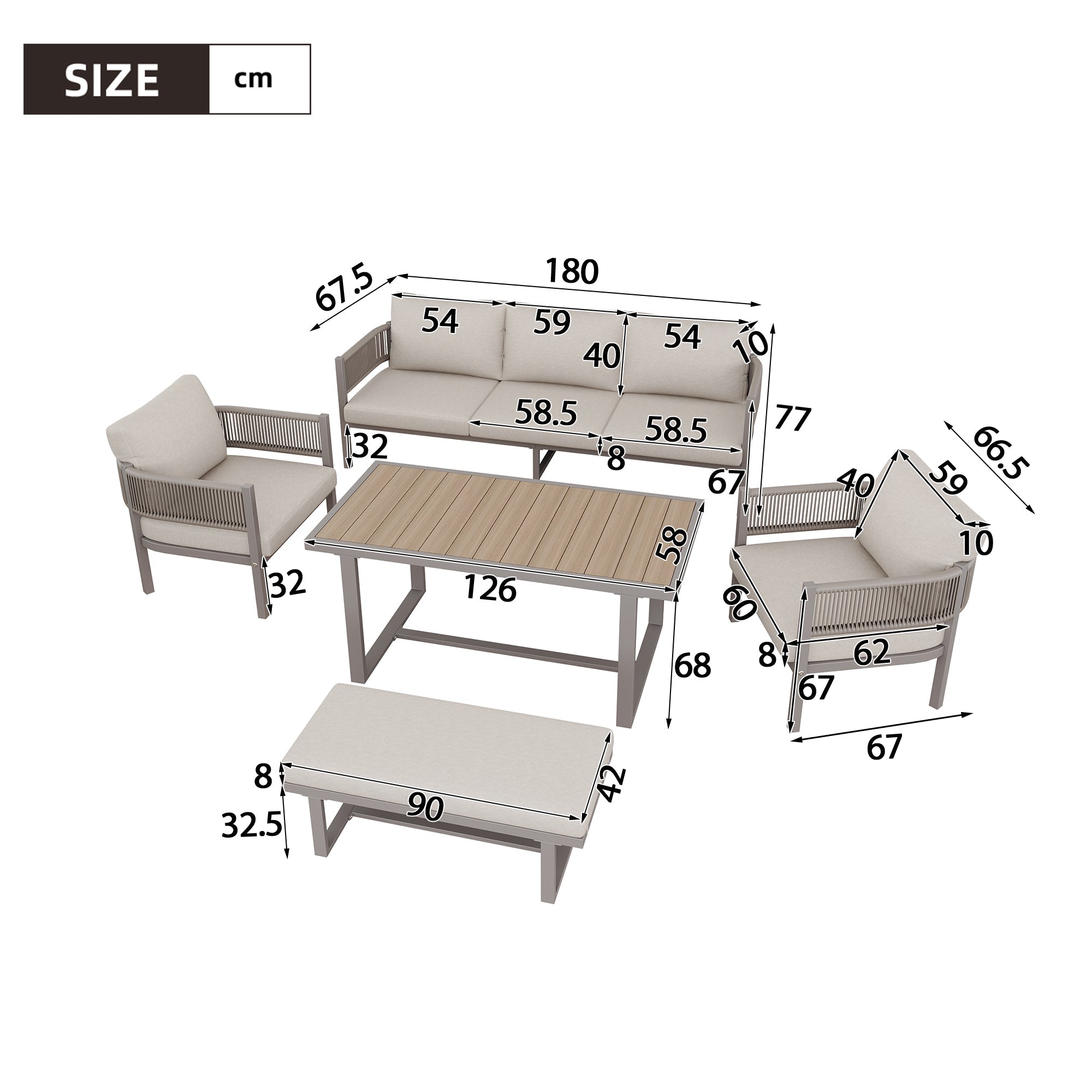 Garden Lounge Set with 3-Seater Sofa, 2 Armchairs, Bench and Dining Table, Beige PE Woven Rope and WPC Tabletop