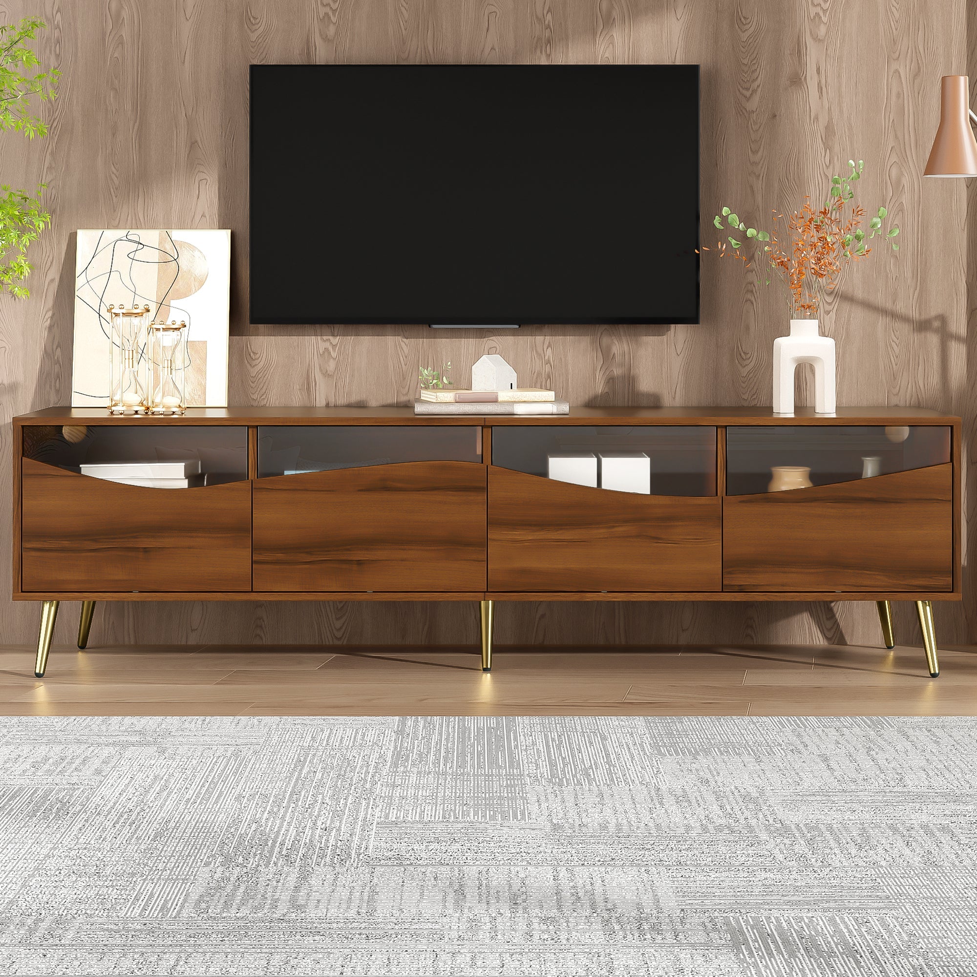 Modern TV Cabinet 180cm LED Lighting Storage, Wood Color/Gold Metal