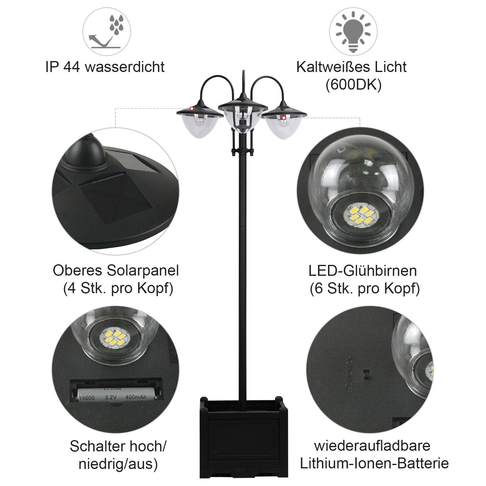 Solar Lantern 3-Piece Set, Floor Lamp Waterproof IP44 Flower Pot Base, Metal Black
