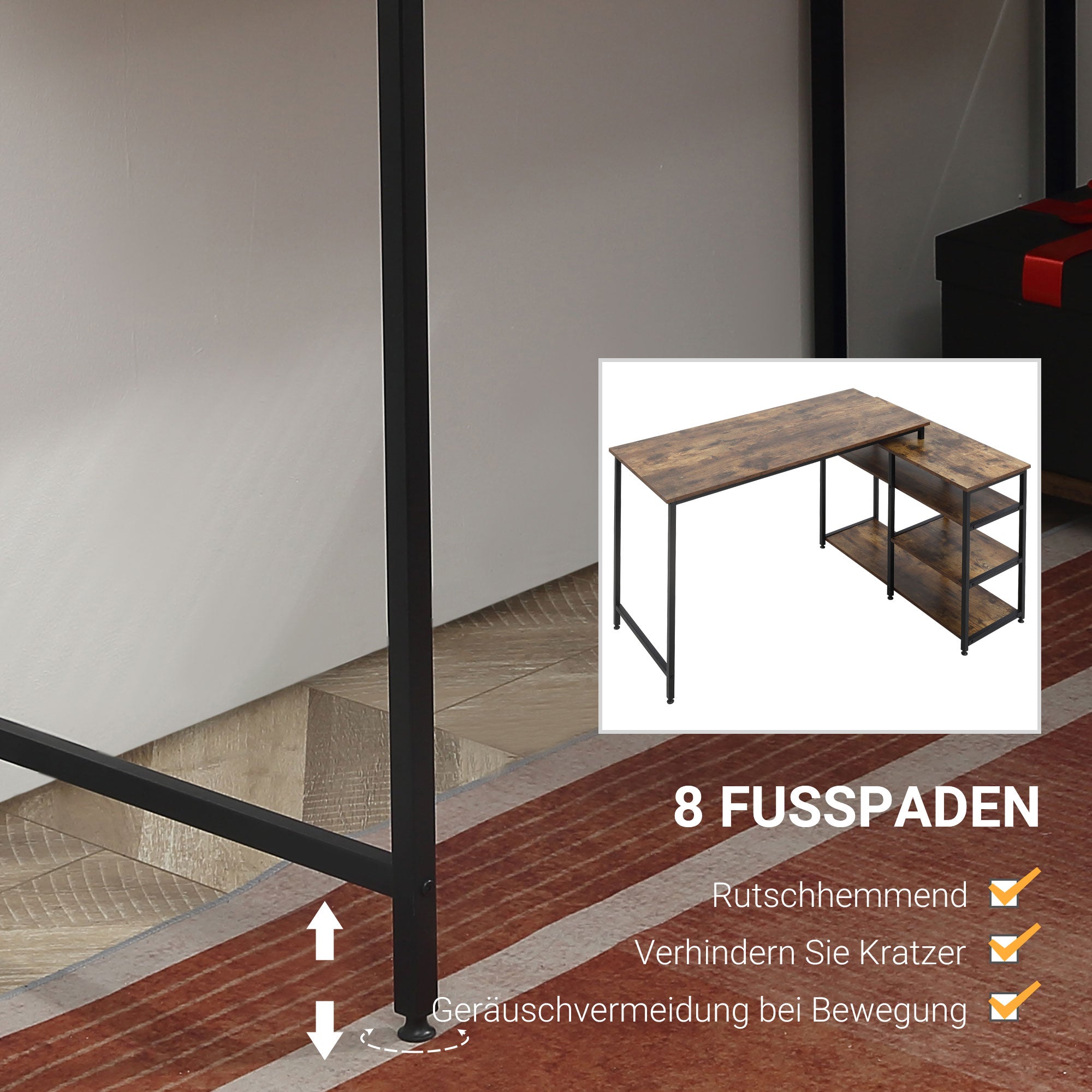 Corner Desk with Shelf and Drawer, L-Shaped, Rustic Brown Chipboard Metal