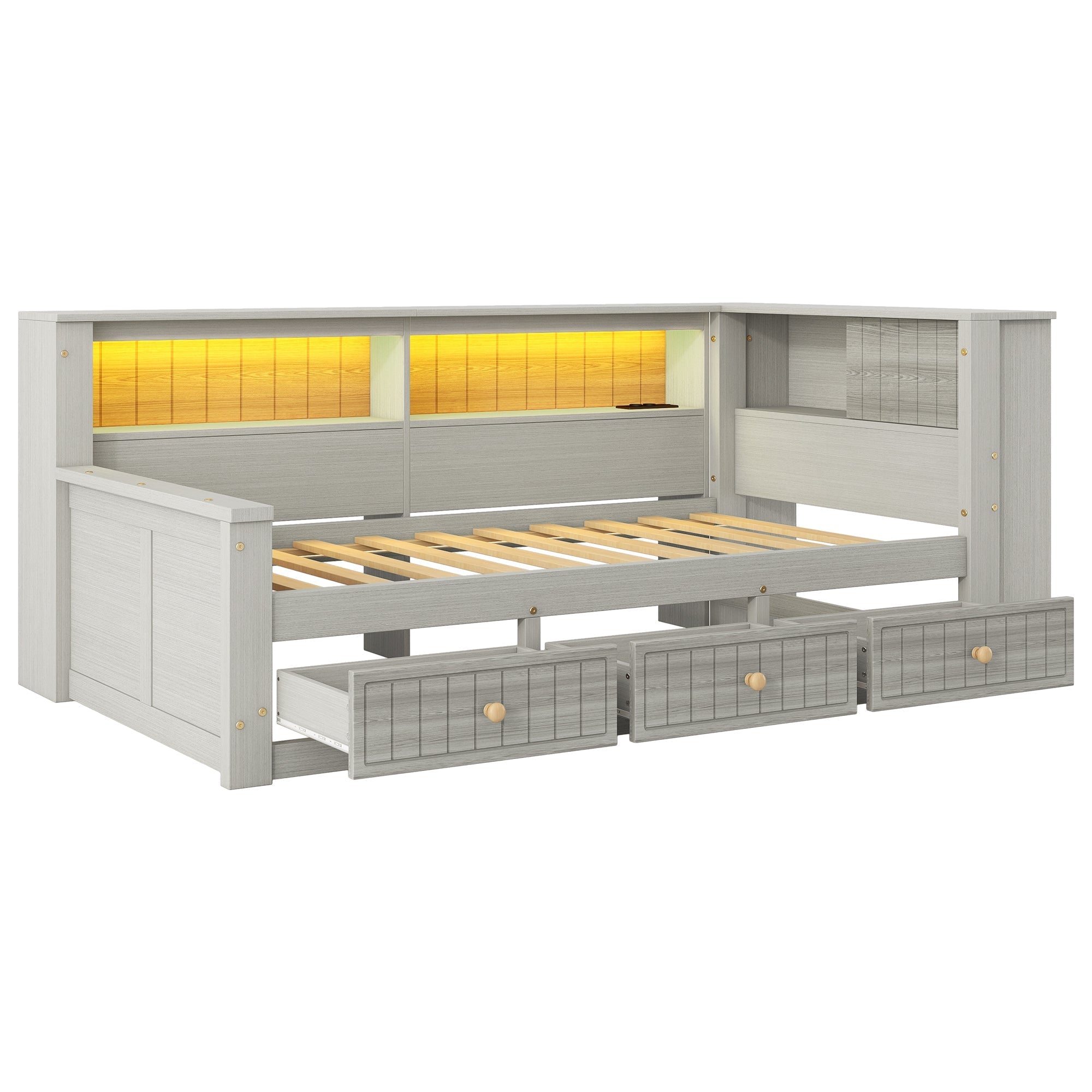 Wooden Daybed with Storage Compartments and 3 Drawers, 90 x 200 cm, Grey