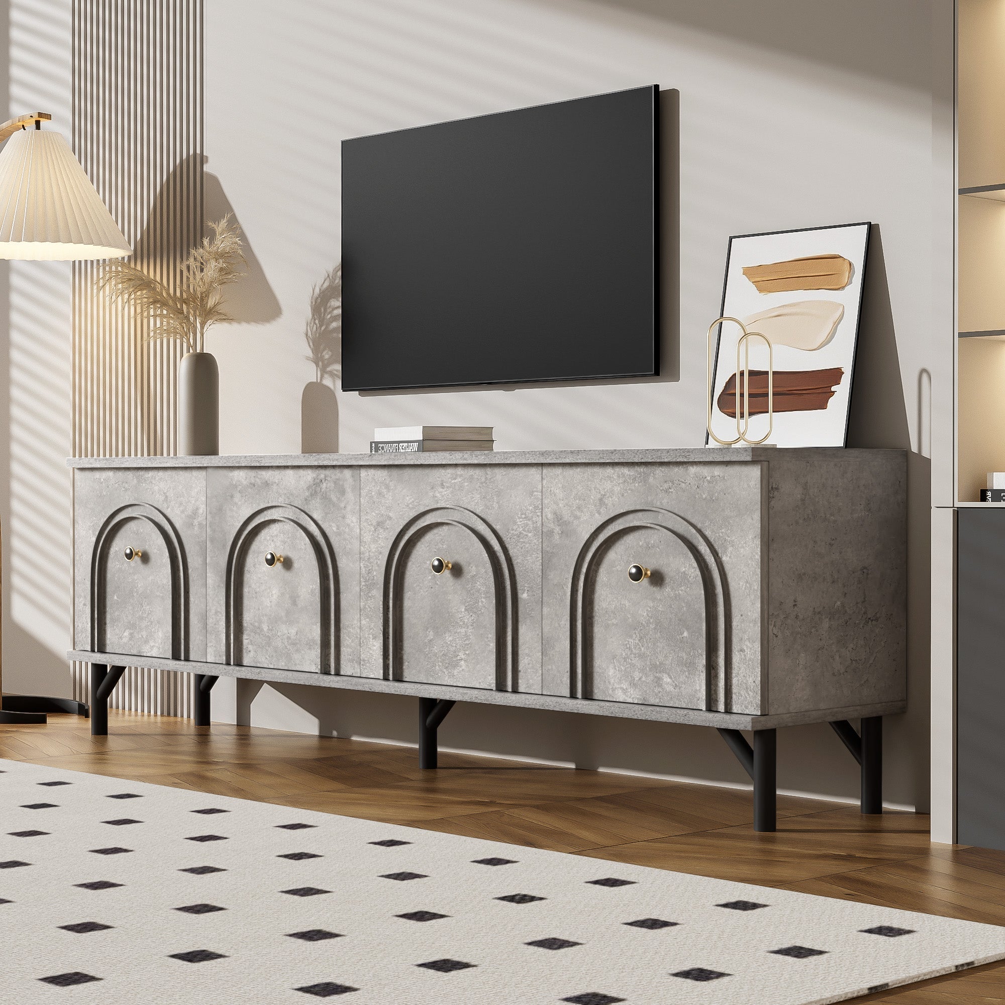 TV Stand, 4-Door 160 cm, Stylish Design, Soft-Close Hinges, Grey