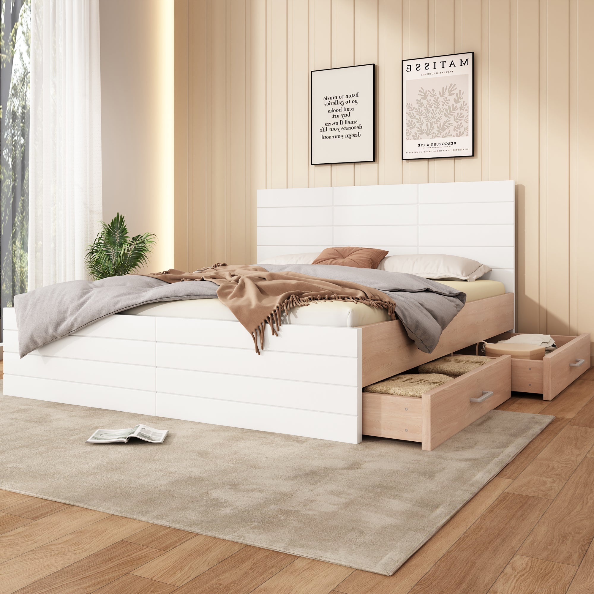 Double Wooden Bed, 140x200cm with 2 Drawers, Oak/White