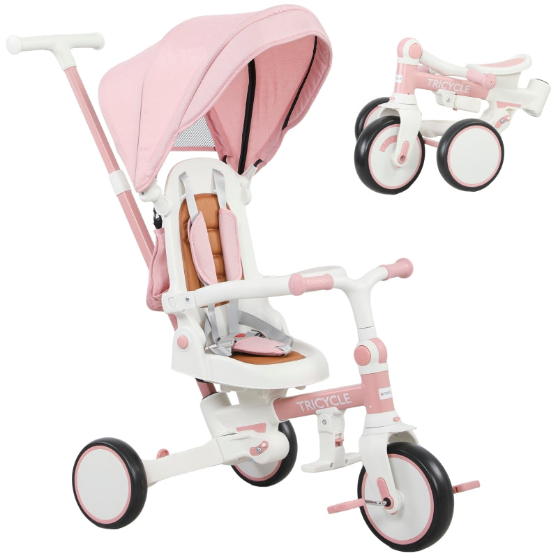 Children's Tricycle, 5-in-1 Convertible Buggy with Removable Handle and Safety Belt, Pink