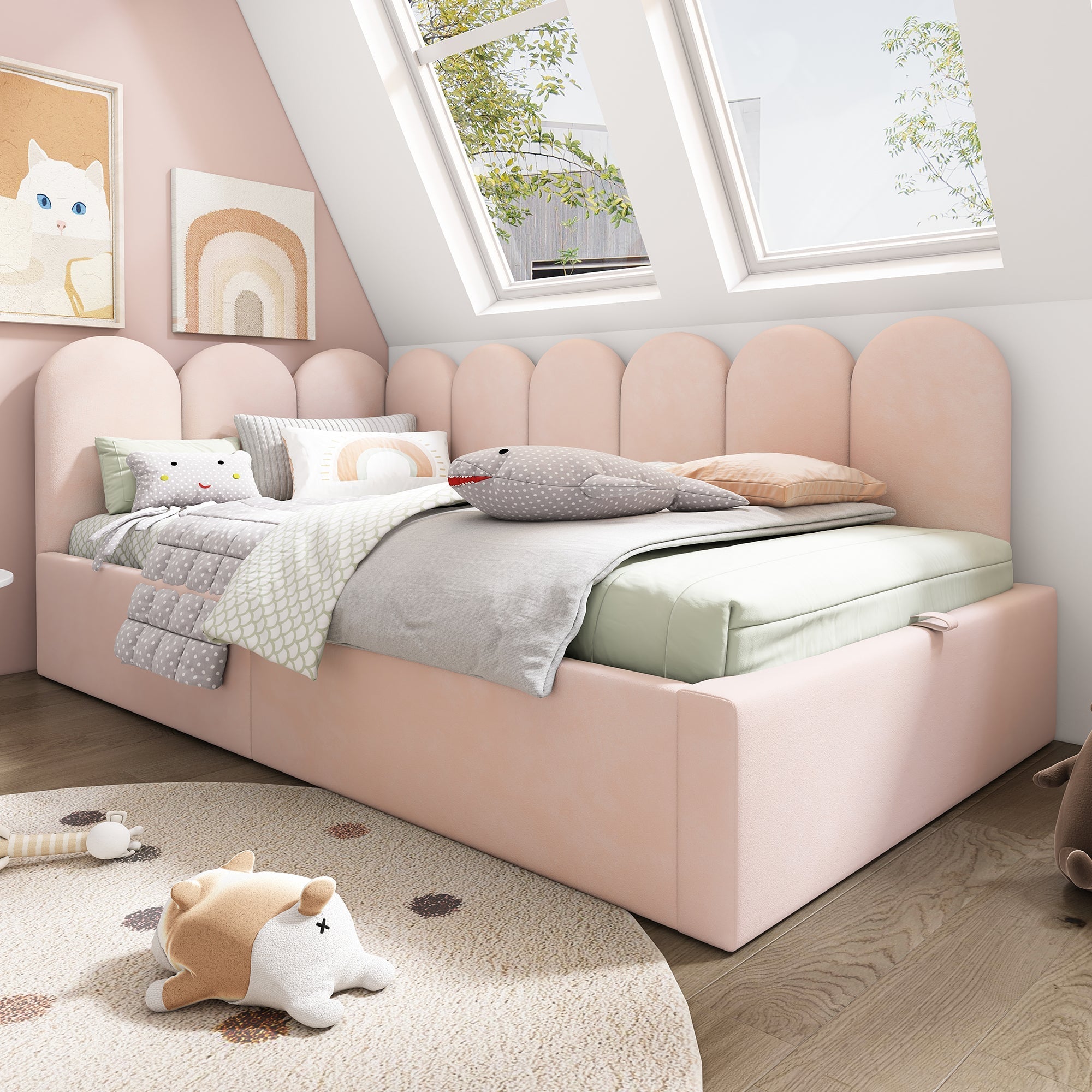 Upholstered Daybed Sofa Bed 90x190cm Hydraulic Storage Metal Slatted Base Velvet Pink