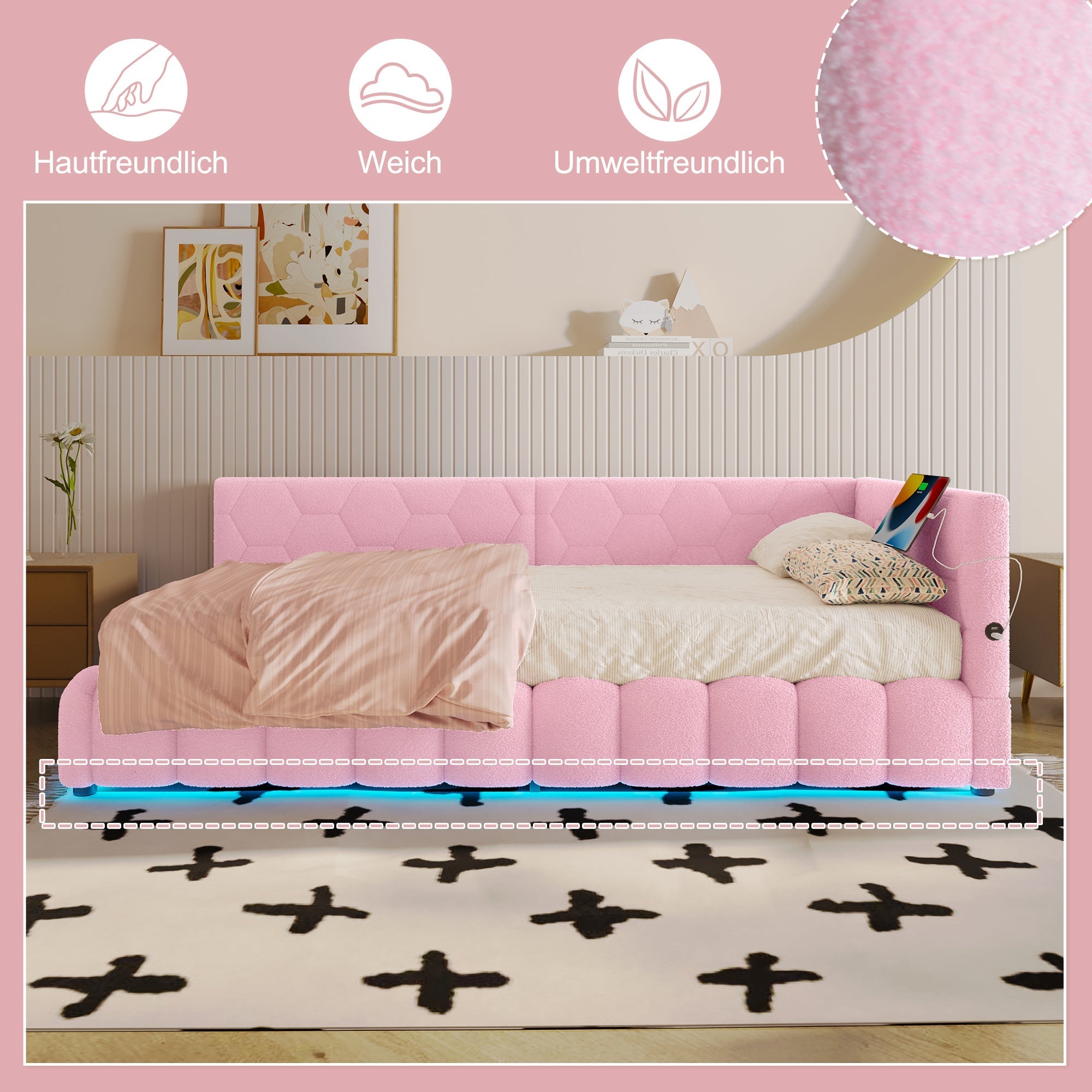 Daybed with LED Light, Hydraulic Storage and USB Charging, Pink Imitation Fleece