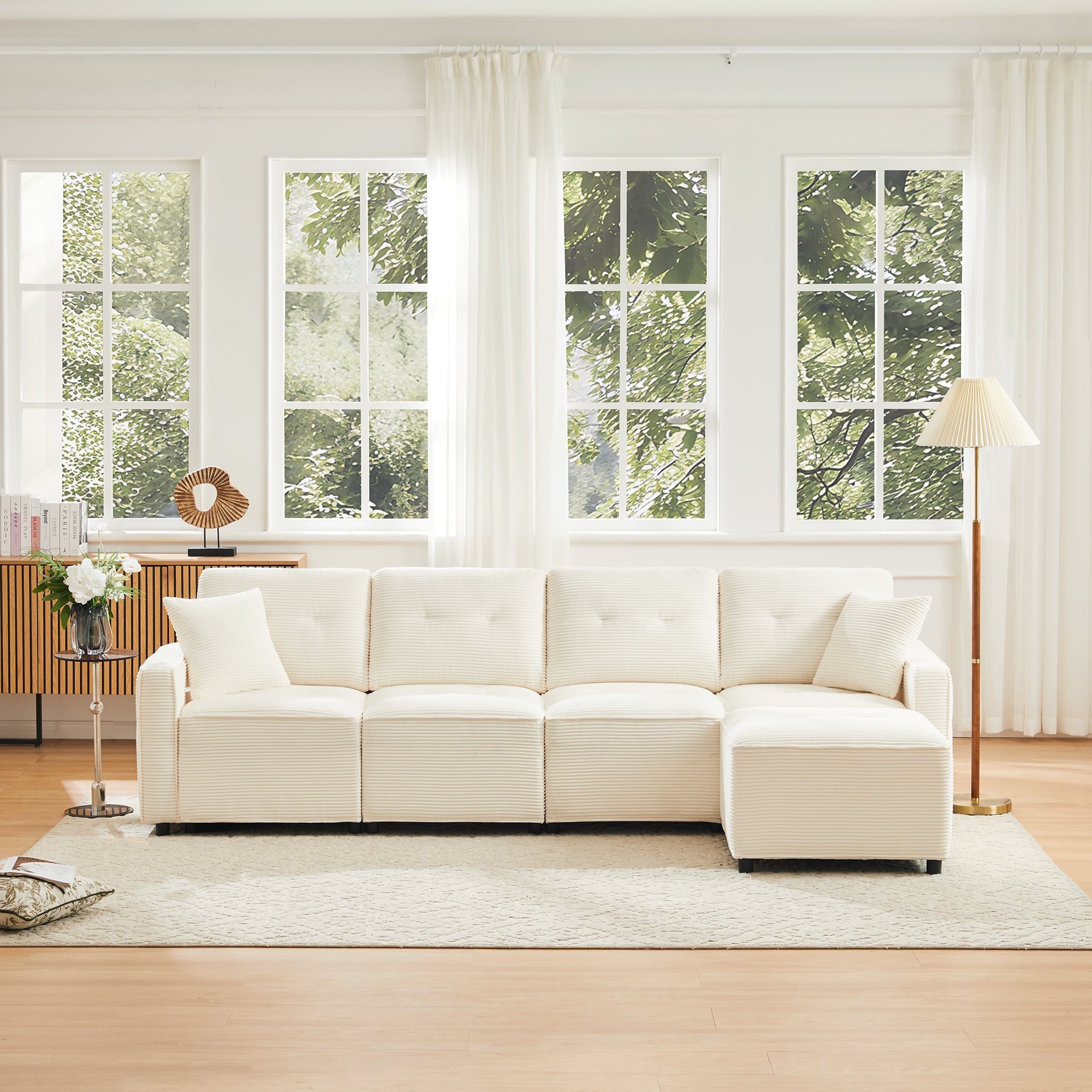 4-Seater Straight Corduroy Sofa with Under-Seat Storage and Freestanding Ottoman, Beige