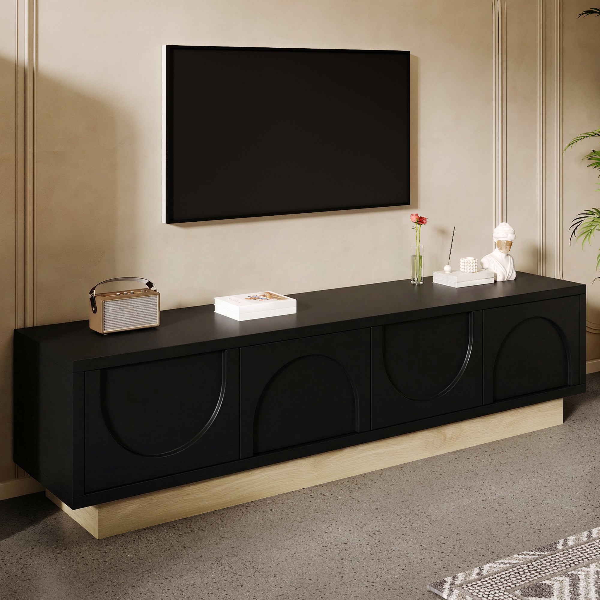 TV Stand with Storage and Cable Management, 175cm, Black Wood Grain