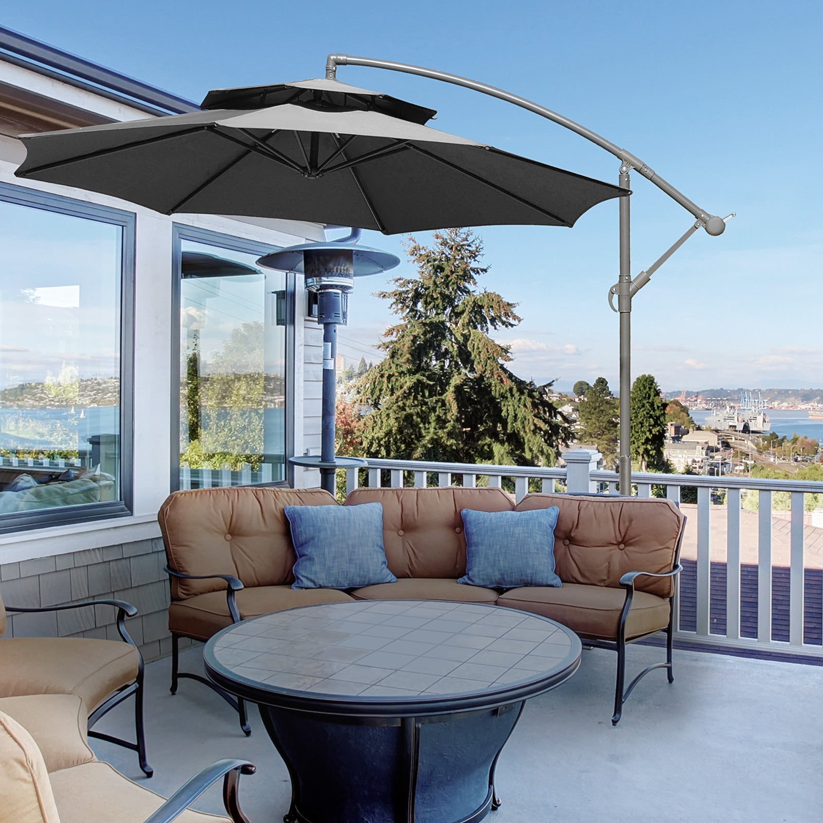 2.7m Garden Banana Parasol Cantilever Umbrella, Crank Handle Double Tier Canopy, Dark Grey