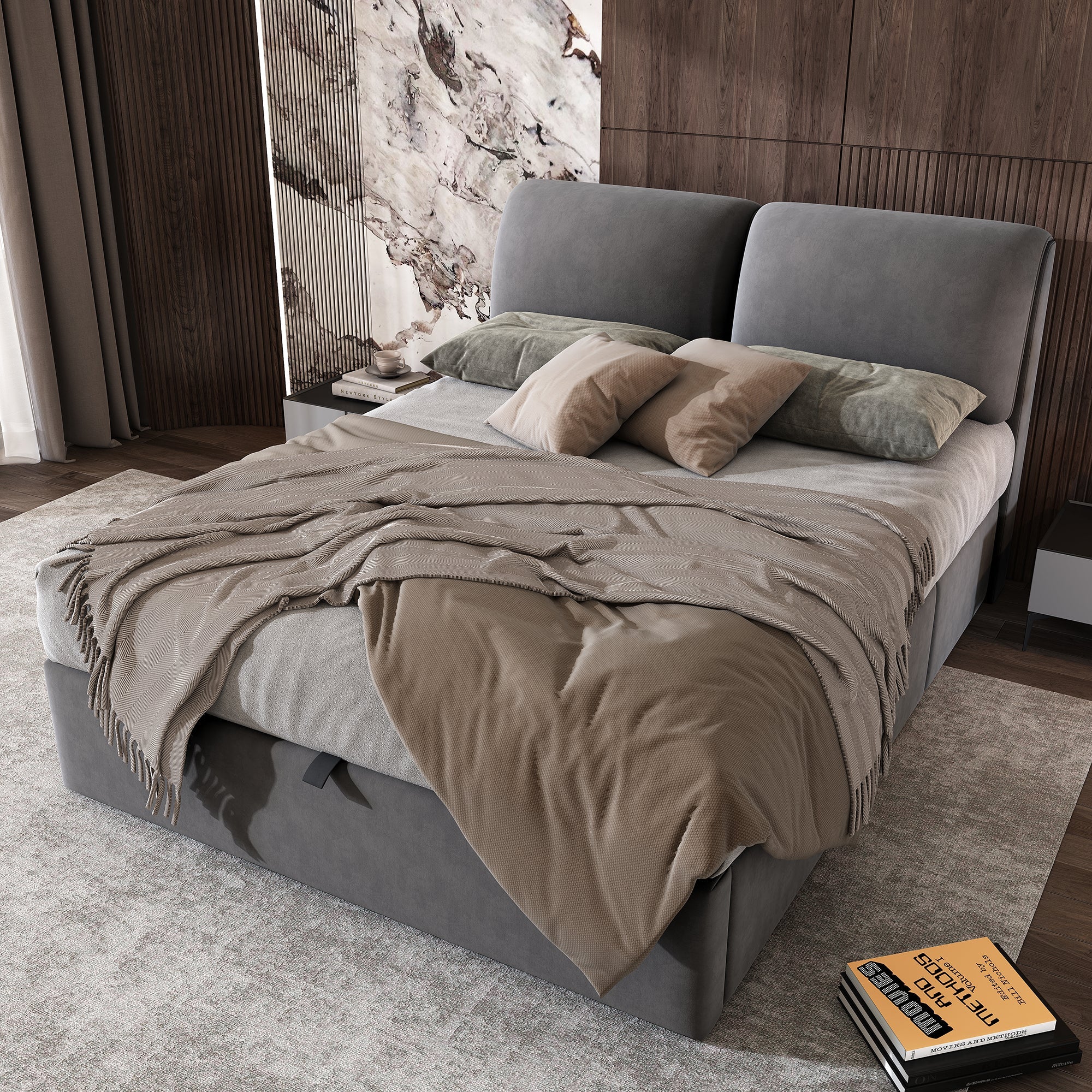 Upholstered Bed with Hydraulic Base, Three Drawers and Storage, 140x190cm, Gray Velvet
