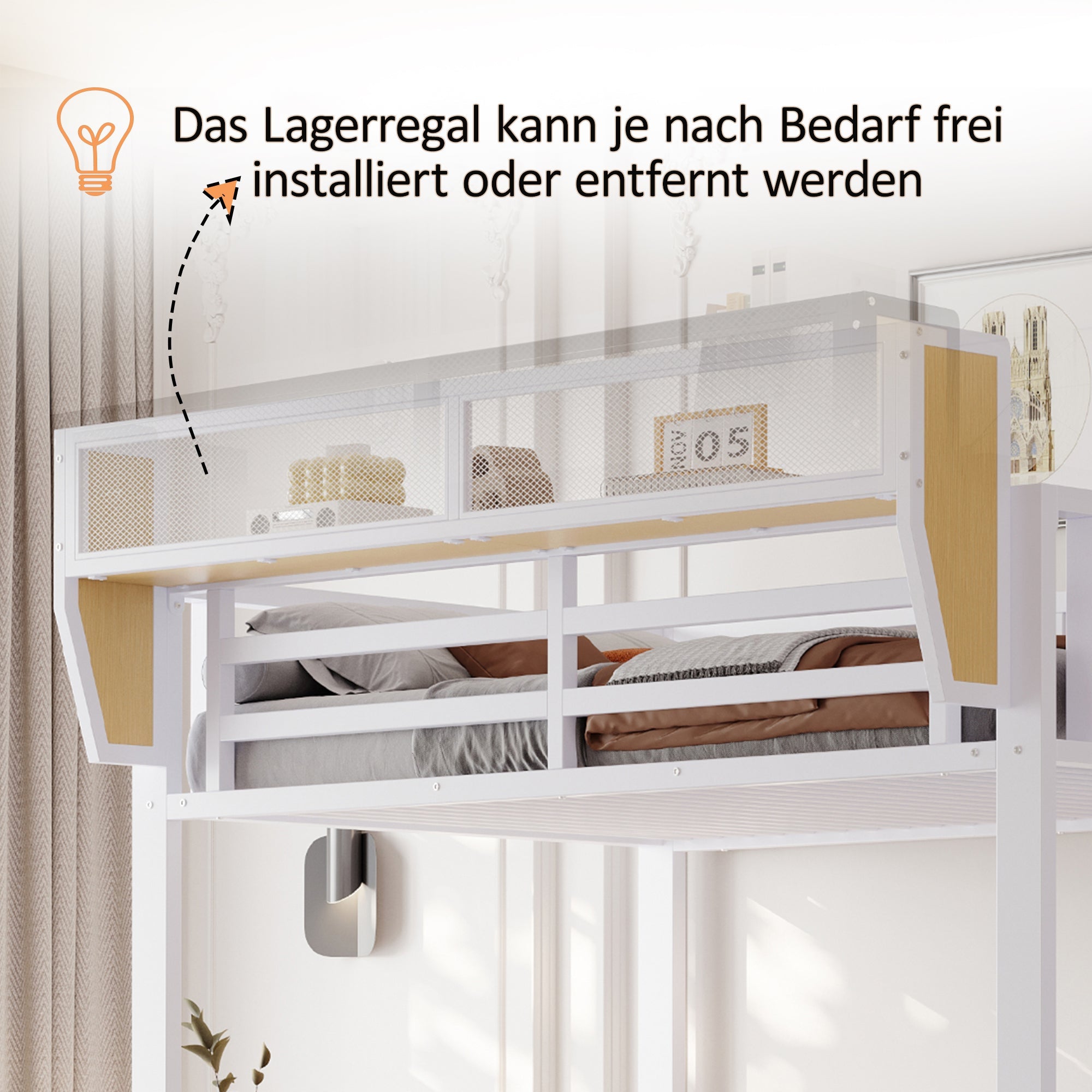 Metal Loft Bed with Desk, Shelf, LED and Socket, 90x200cm, White Metal