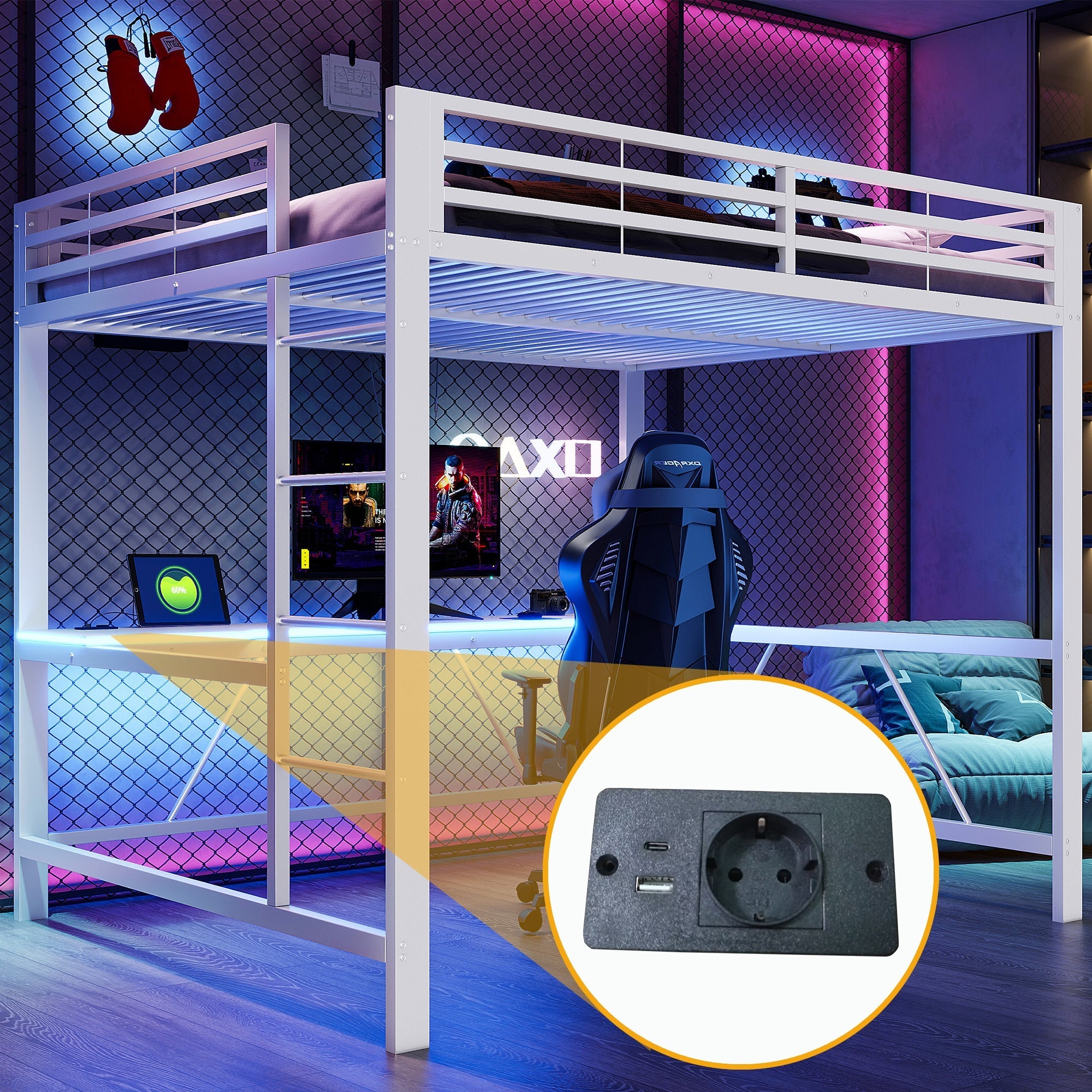 Gaming Loft Bed Frame with 160x200 Desk, LED and USB, White Metal