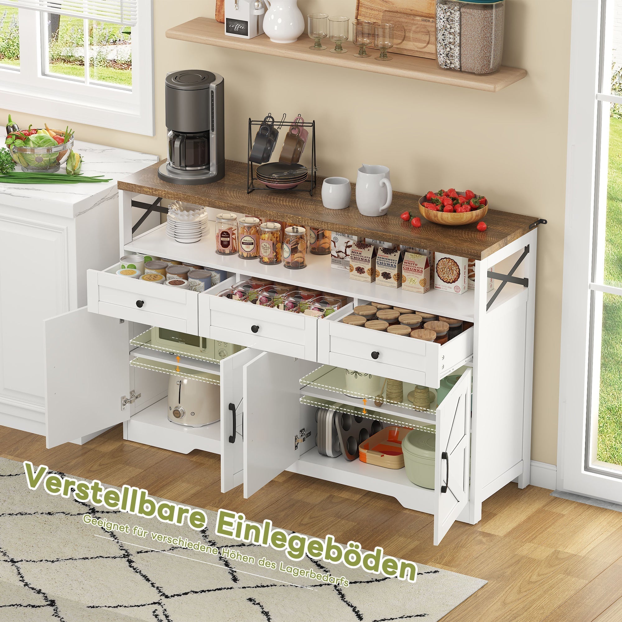Buffet Sideboard 140cm 3 Drawers Shelves Storage Country Style - White/Brown