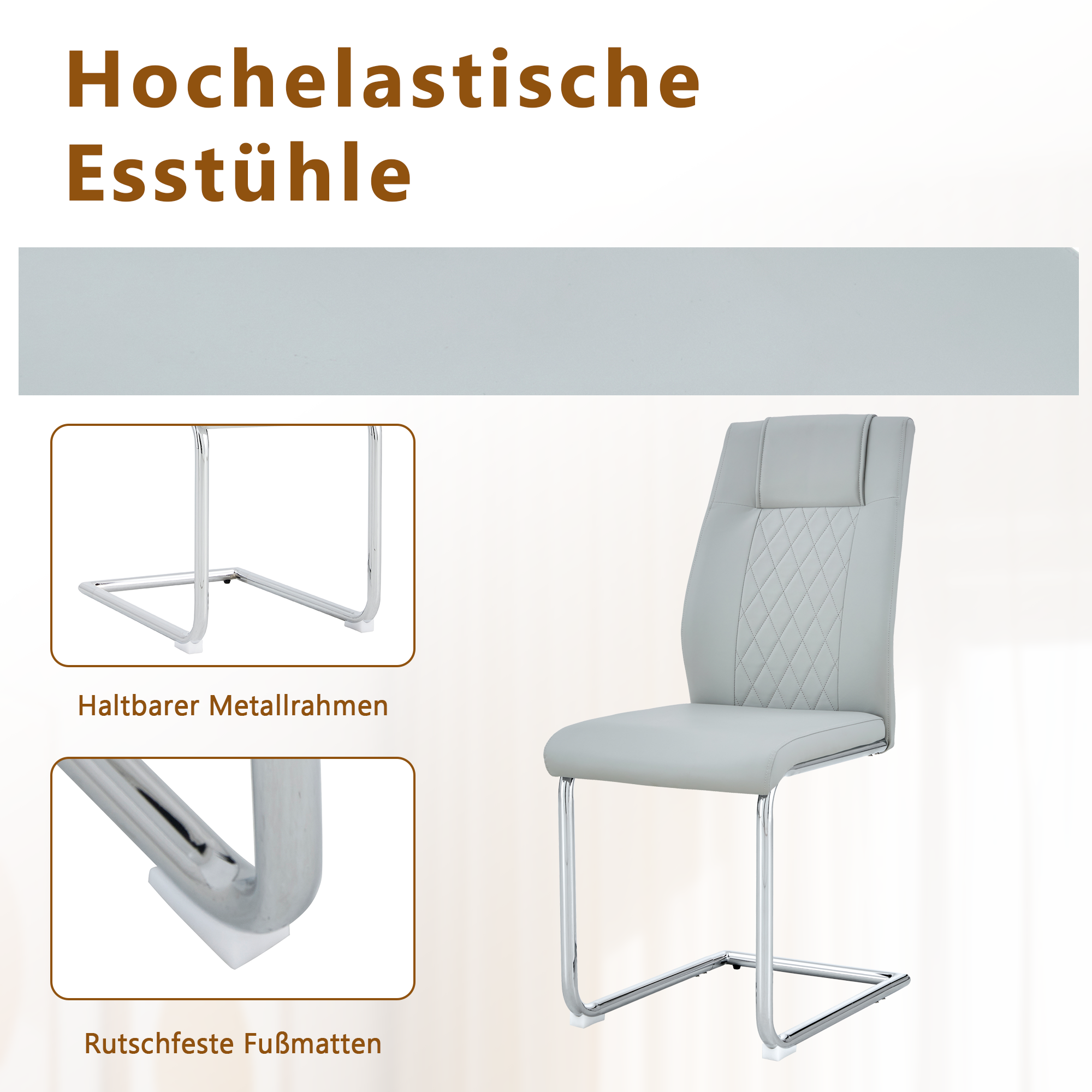 Dining Set 85cm Glass Table 4 Chairs Metal Legs - Light Grey PU