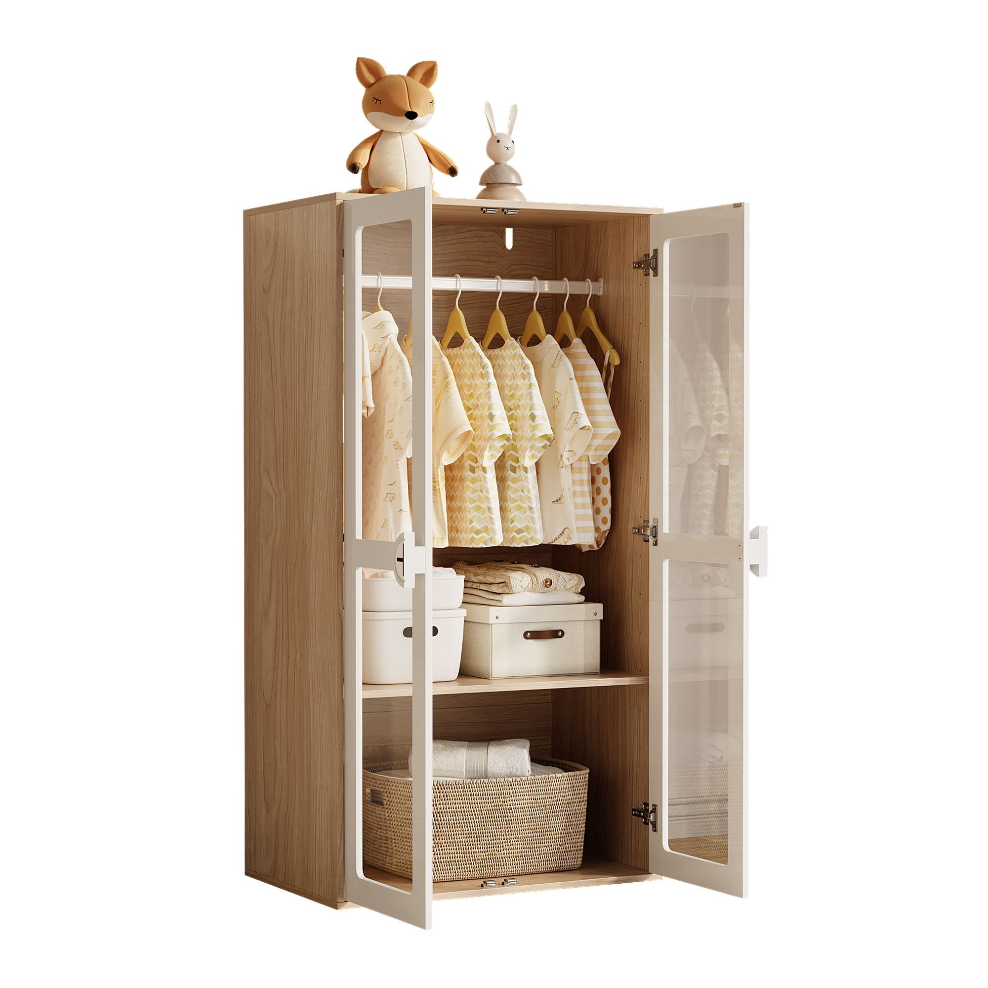 Children's Wardrobe, Double Doors Hanging Rail Sliding Shelves, White Lacquer & Natural MDF