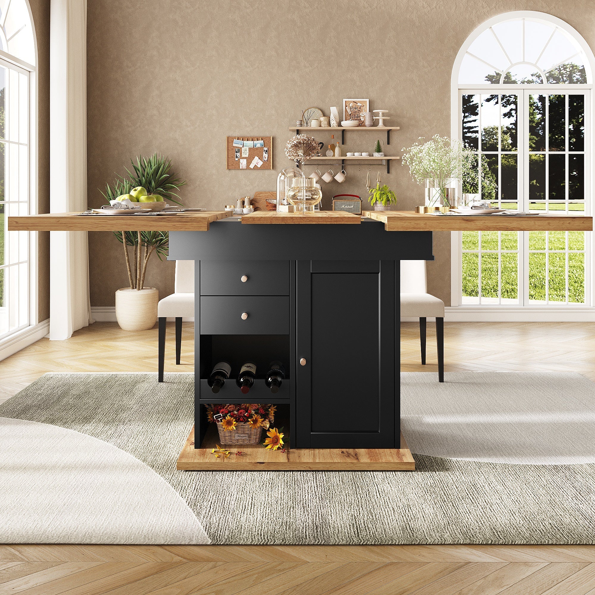 Telescopic Dining Table, Extendable 4-6 Seater with Snack/Wine Rack, MDF/Metal
