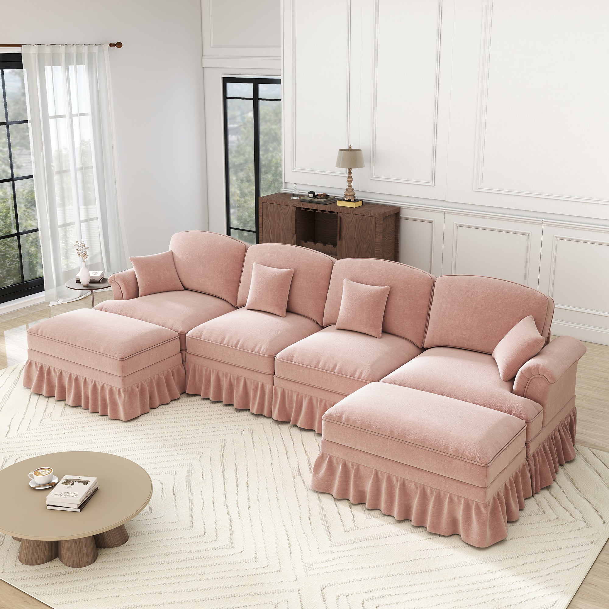 U-shaped Modular Sofa 4-Seater Chenille with Ottoman - Pink