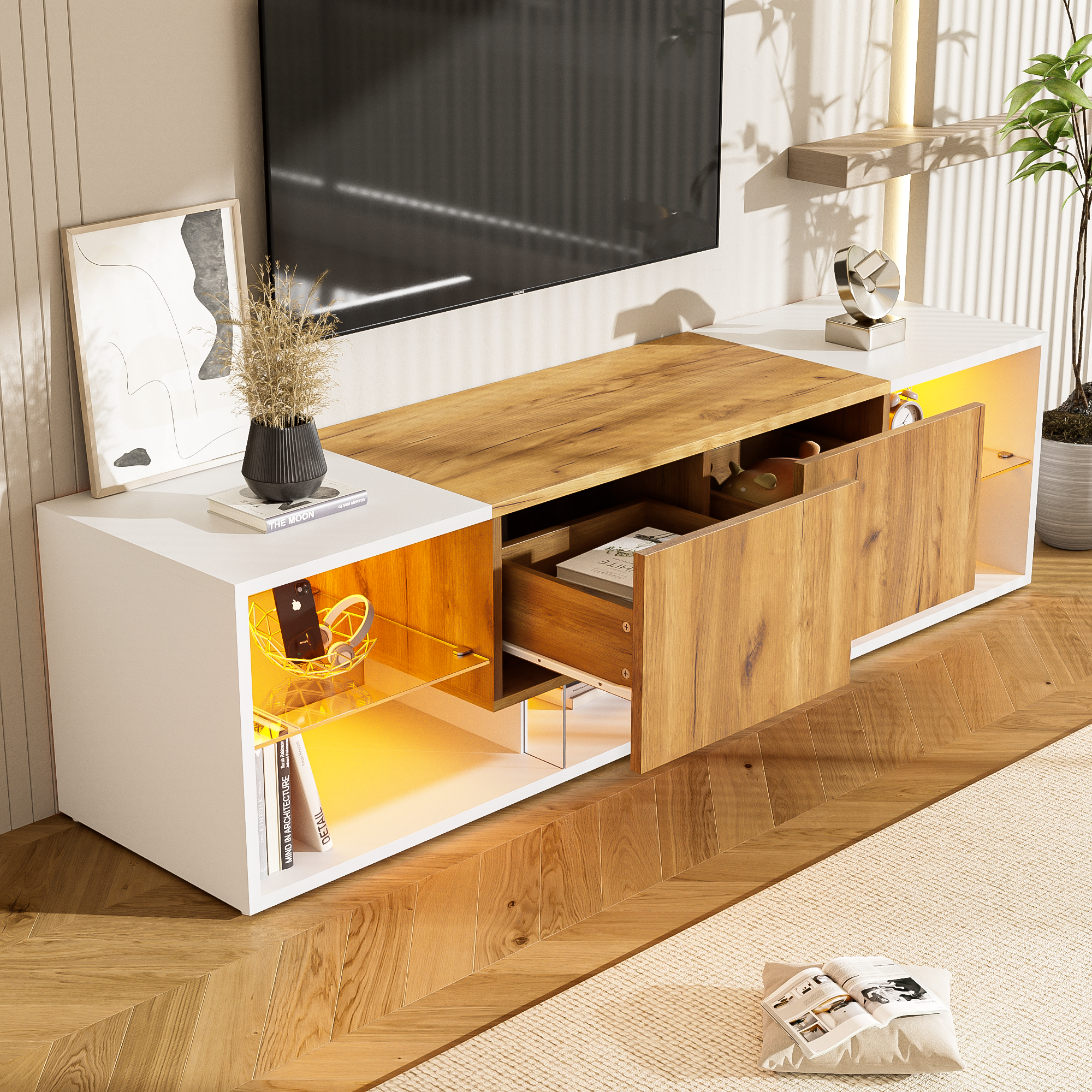 TV Stand 2-Drawer LED for 70 Inch TV, Wood and White MDF