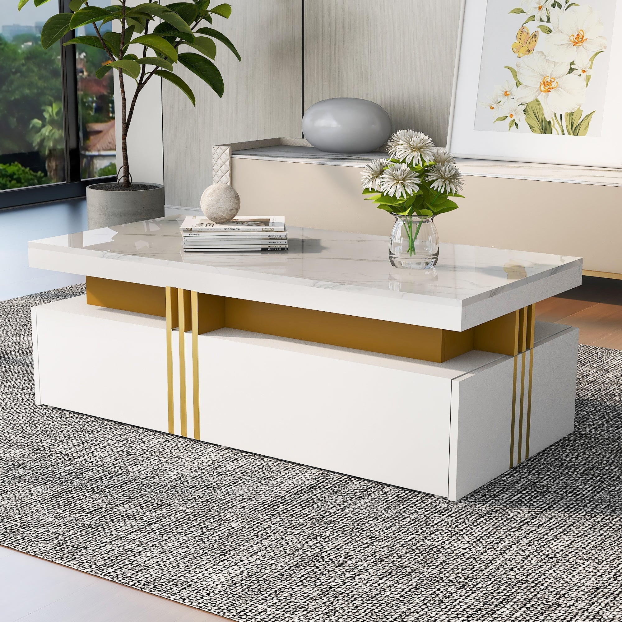 Modern rectangular coffee table with high gloss top and 2 wooden drawers, marble tabletop