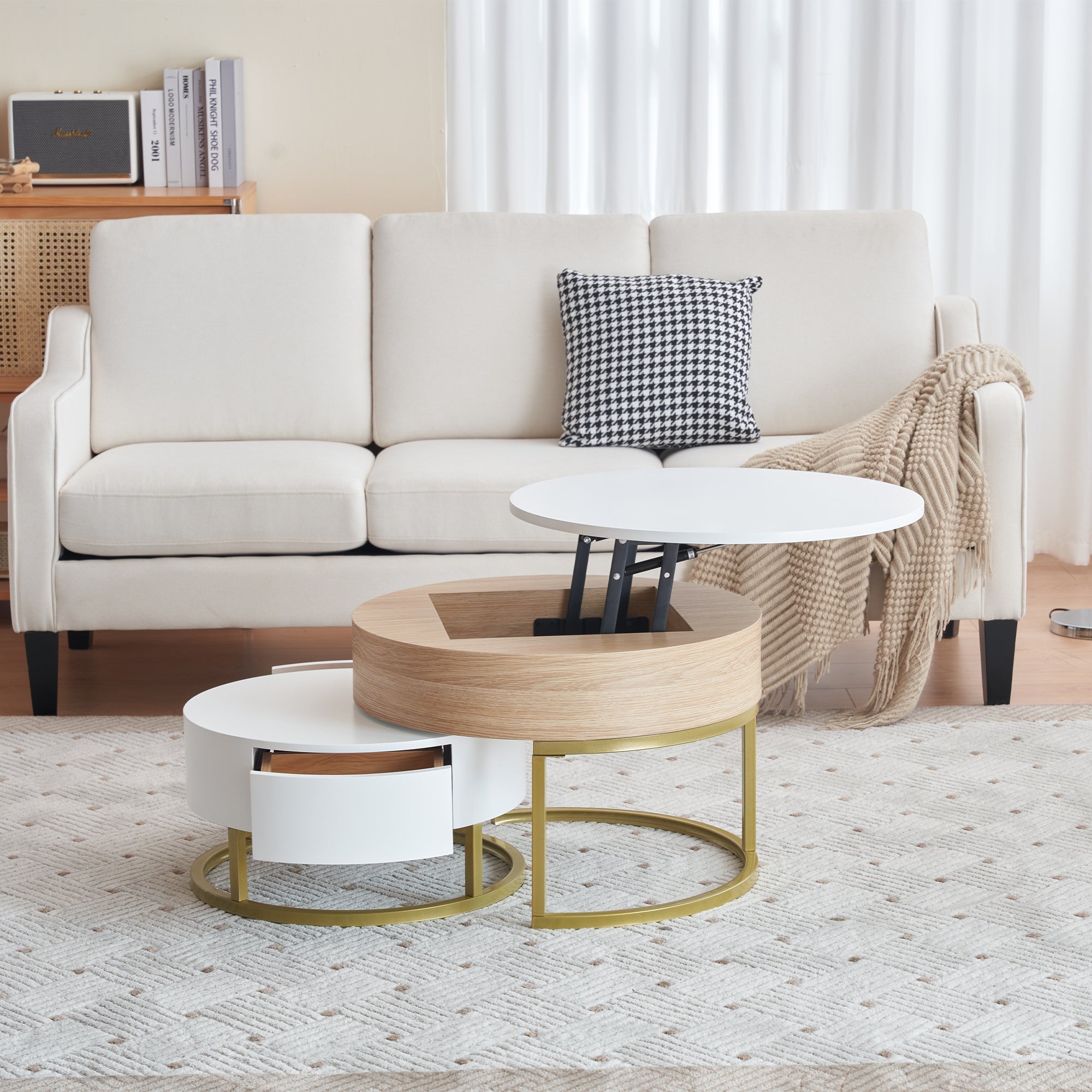 Nesting Table, Fold-Up Coffee & Side Table with Two Drawers, 2-Piece Set, Golden