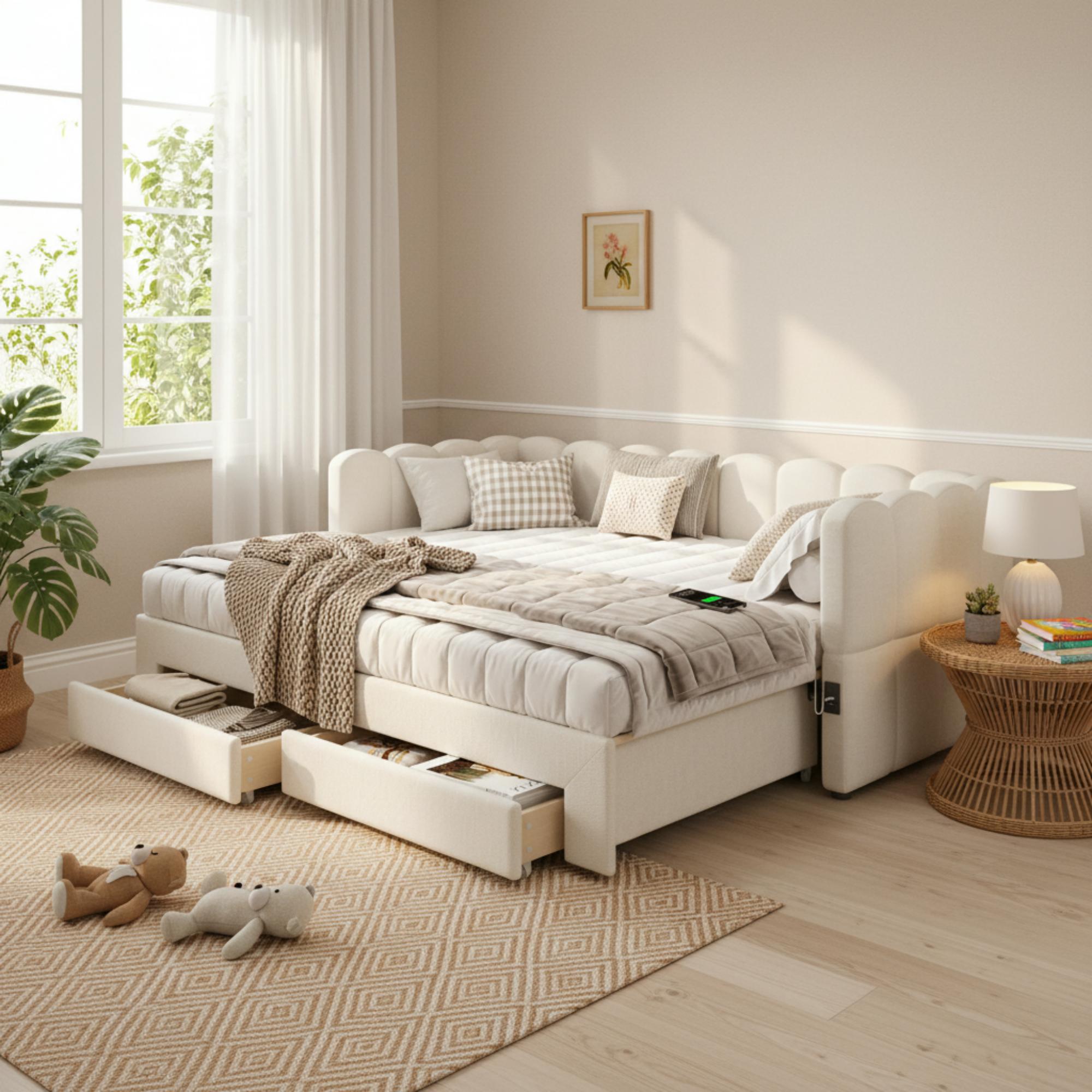 Upholstered Daybed with 2 Storage Drawers and USB Port, Beige Linen