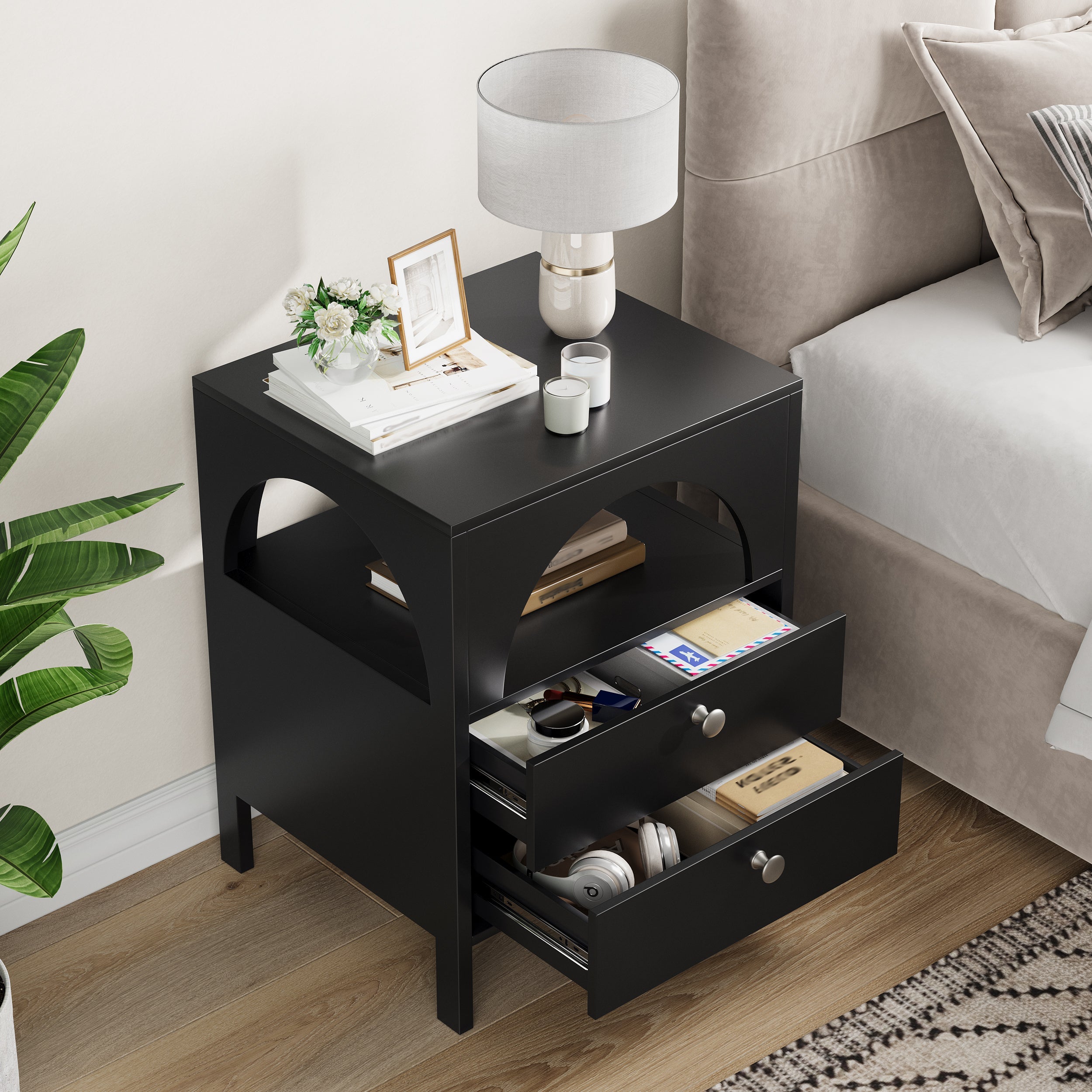 Bedside Table Modern 2 Drawers 1 Open Compartment 45x40x58cm Black