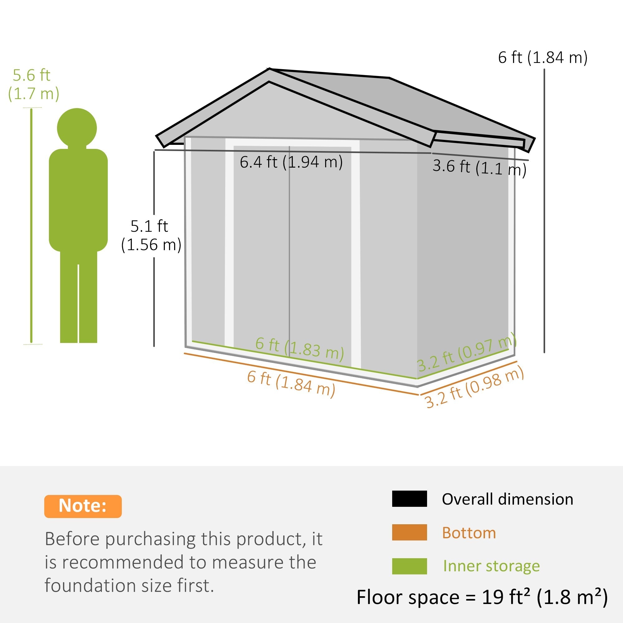 Garden Storage Shed 6.5ft x 3.5ft Double Doors 4 Vents Metal Green