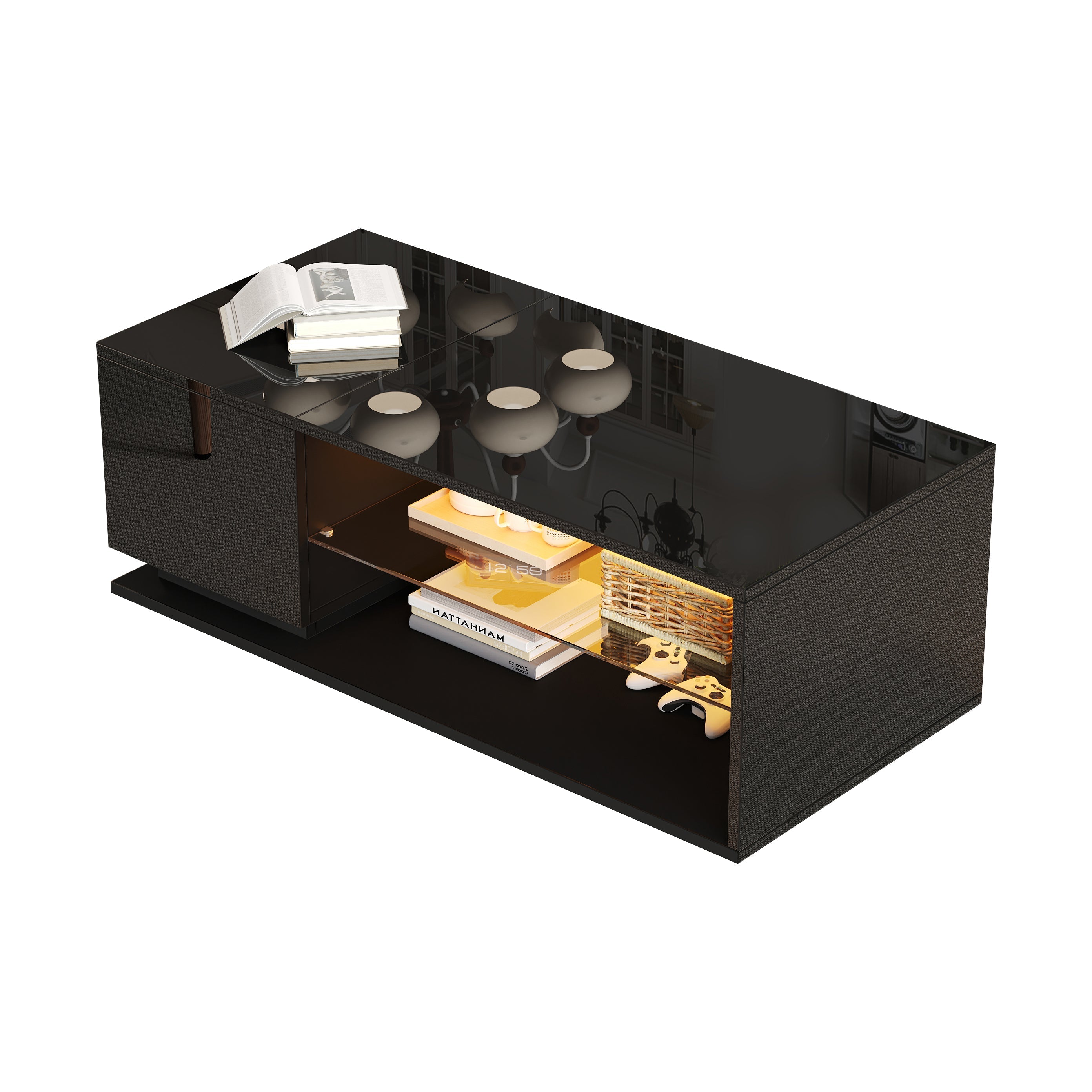 LED Coffee Table with High-Gloss Storage and APP LED Lights, Black High-Gloss