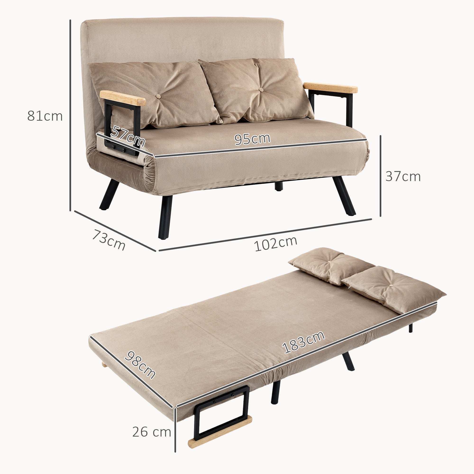 2-Sitzer Schlafsofa, Verstellbare Rückenlehne, Samtoptik Hellbraun