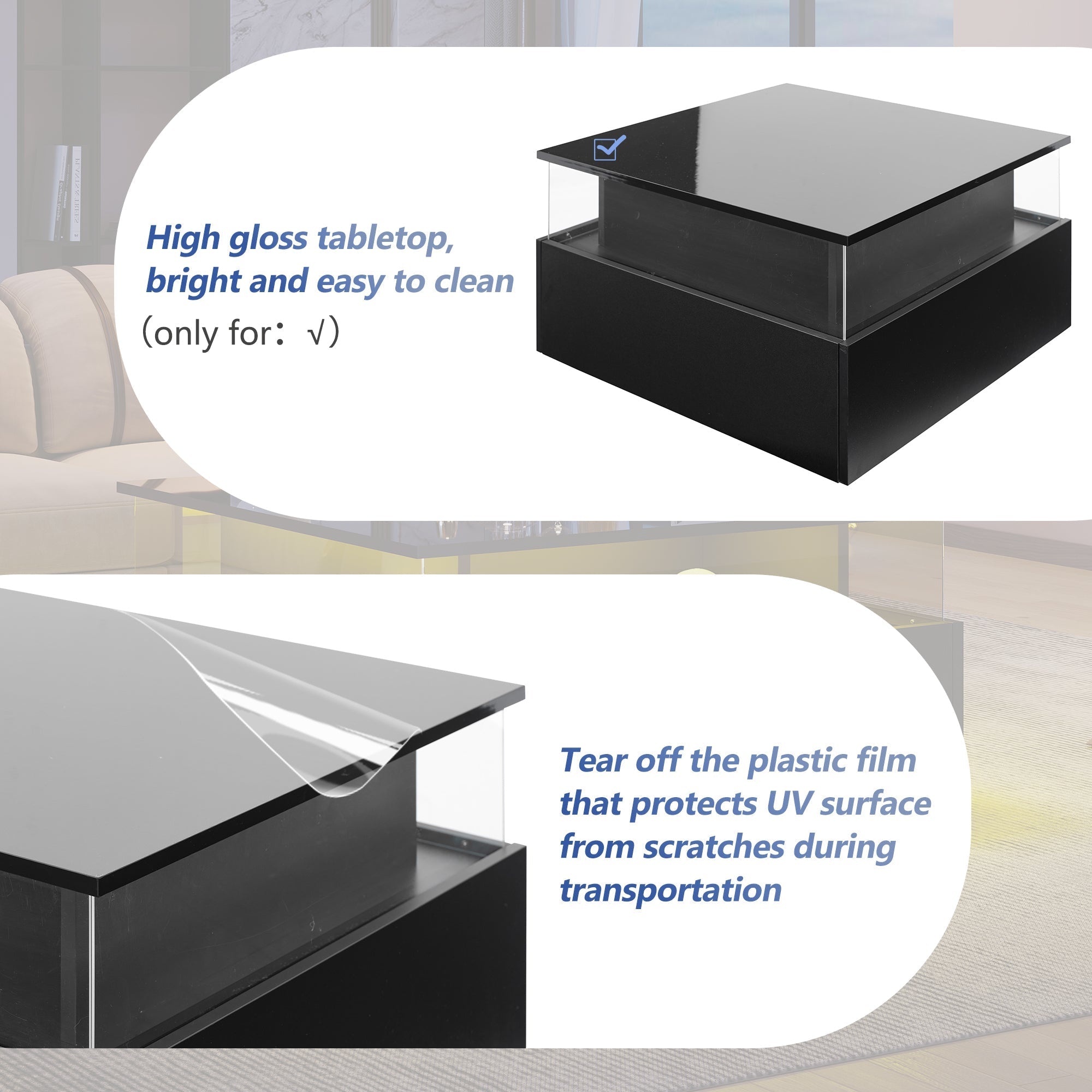 Coffee Table with Storage, Modern LED Coffee Table with 2 Sliding Drawers, Black