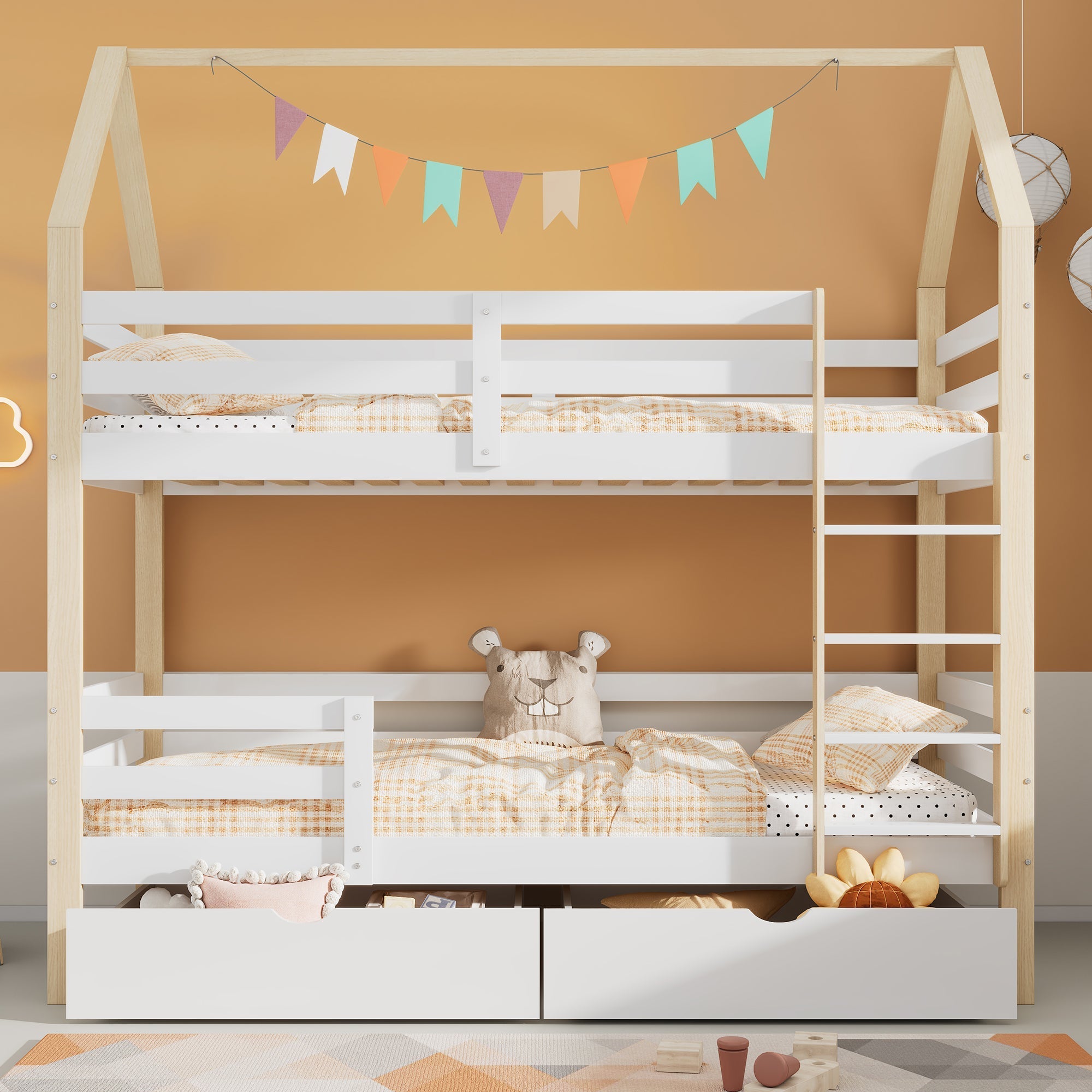 Children's House Bed 90x200cm with Large Drawers Pine Wood white+wood color