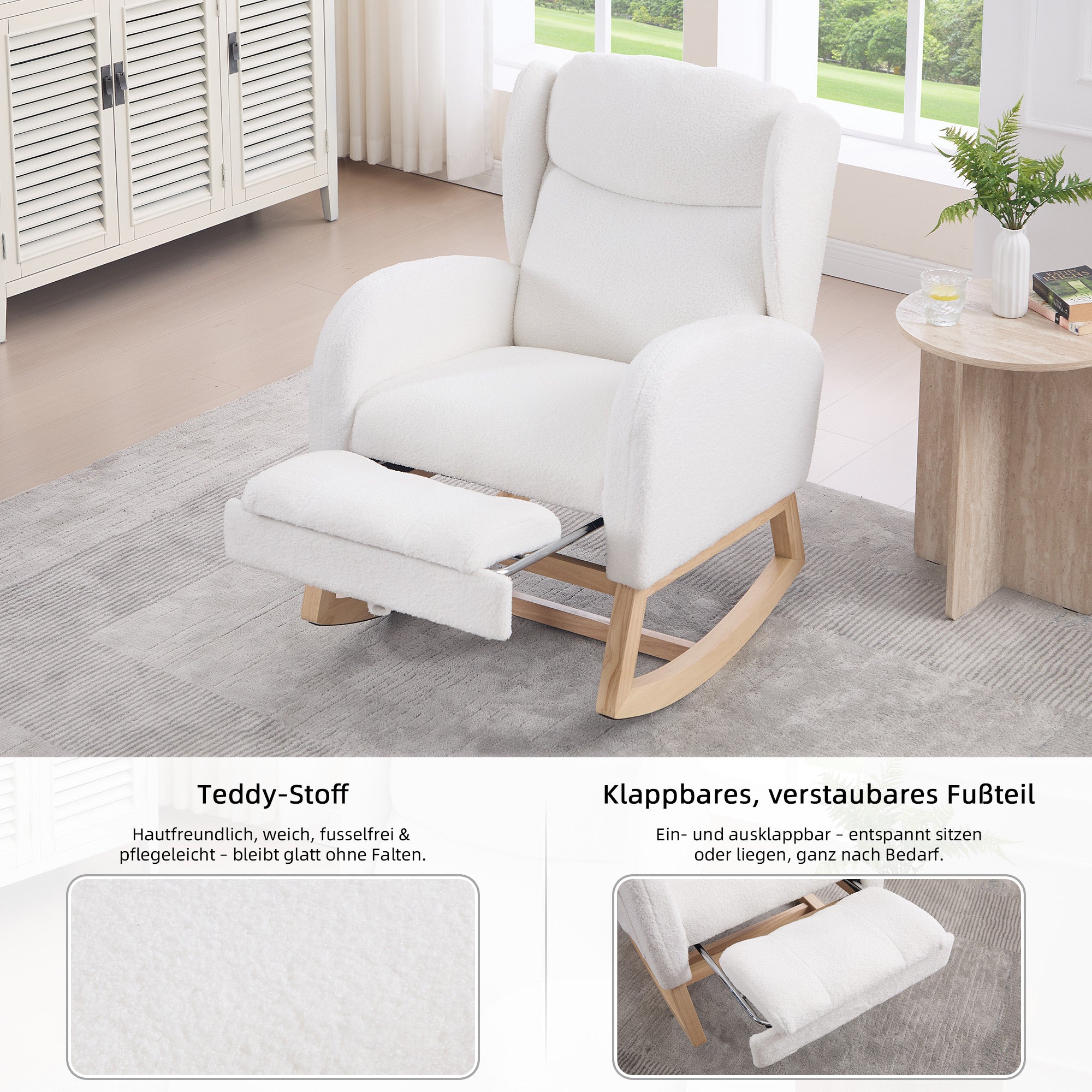 049B Rocking Chair, Nursing Lounge Chair with Adjustable Footrest, Teddy Fabric White