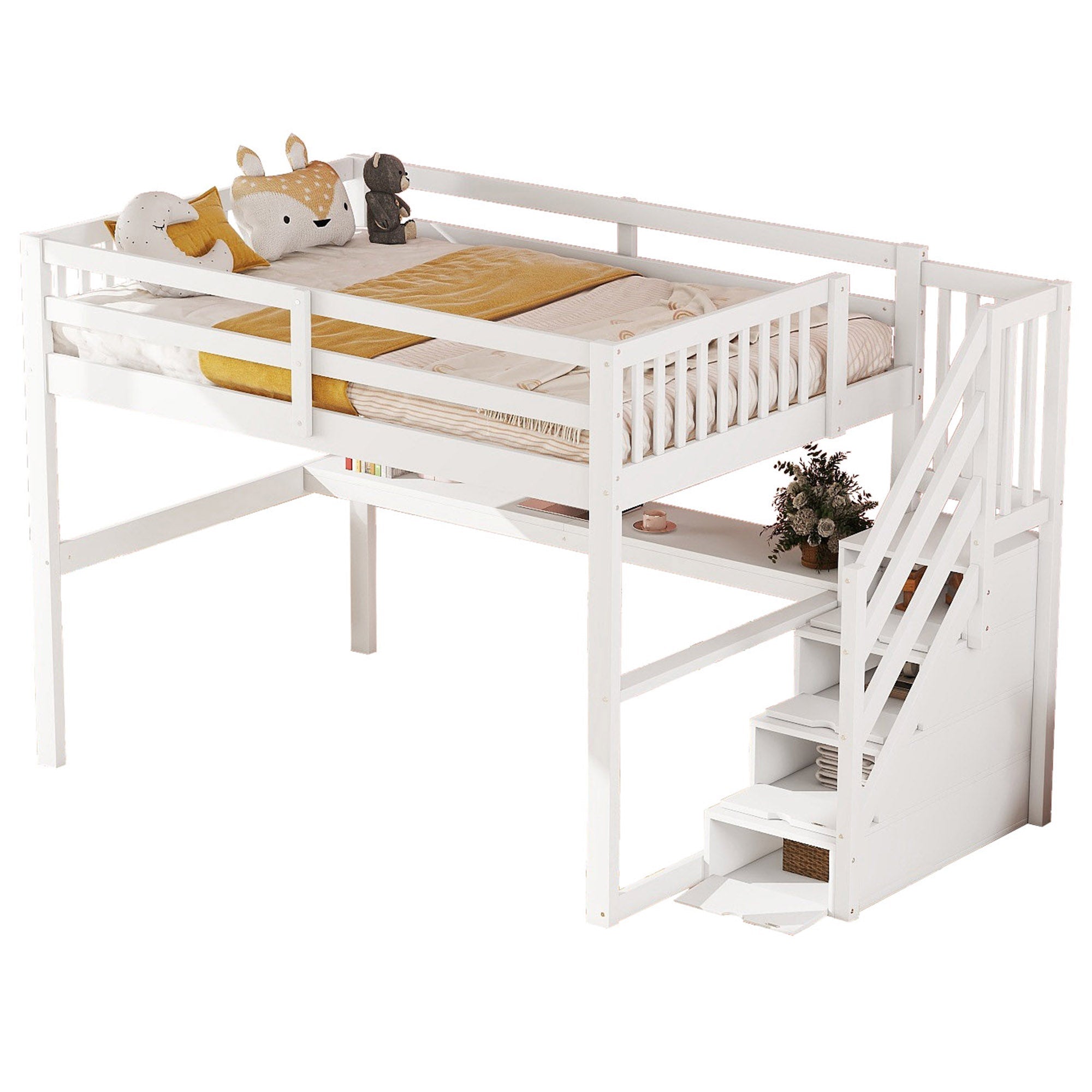 Loft Bed 140x200 Children's Storage Drawers Desk - White