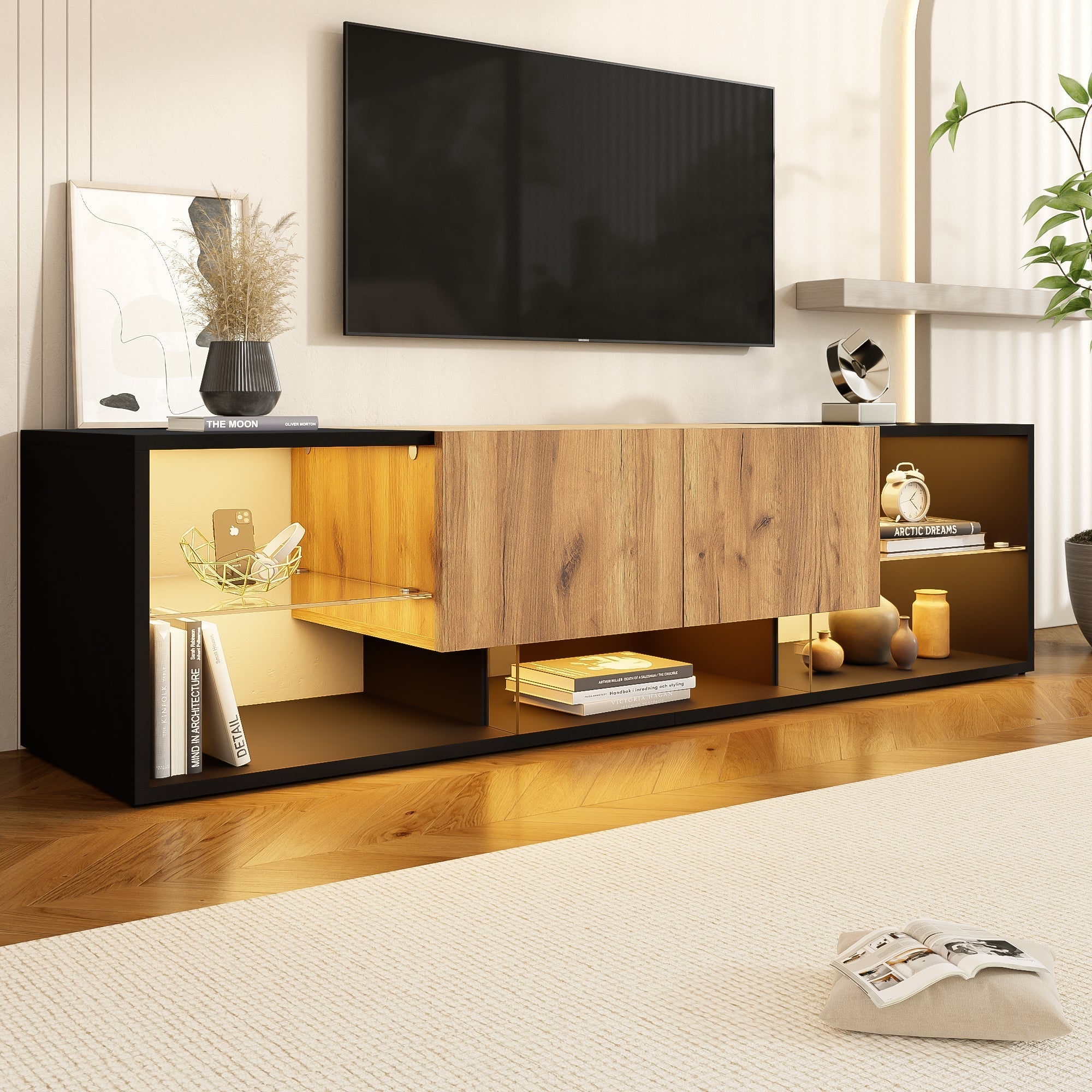 TV Console Cabinet, 3-Tier with Glass Shelf and 2 Drawers, Black