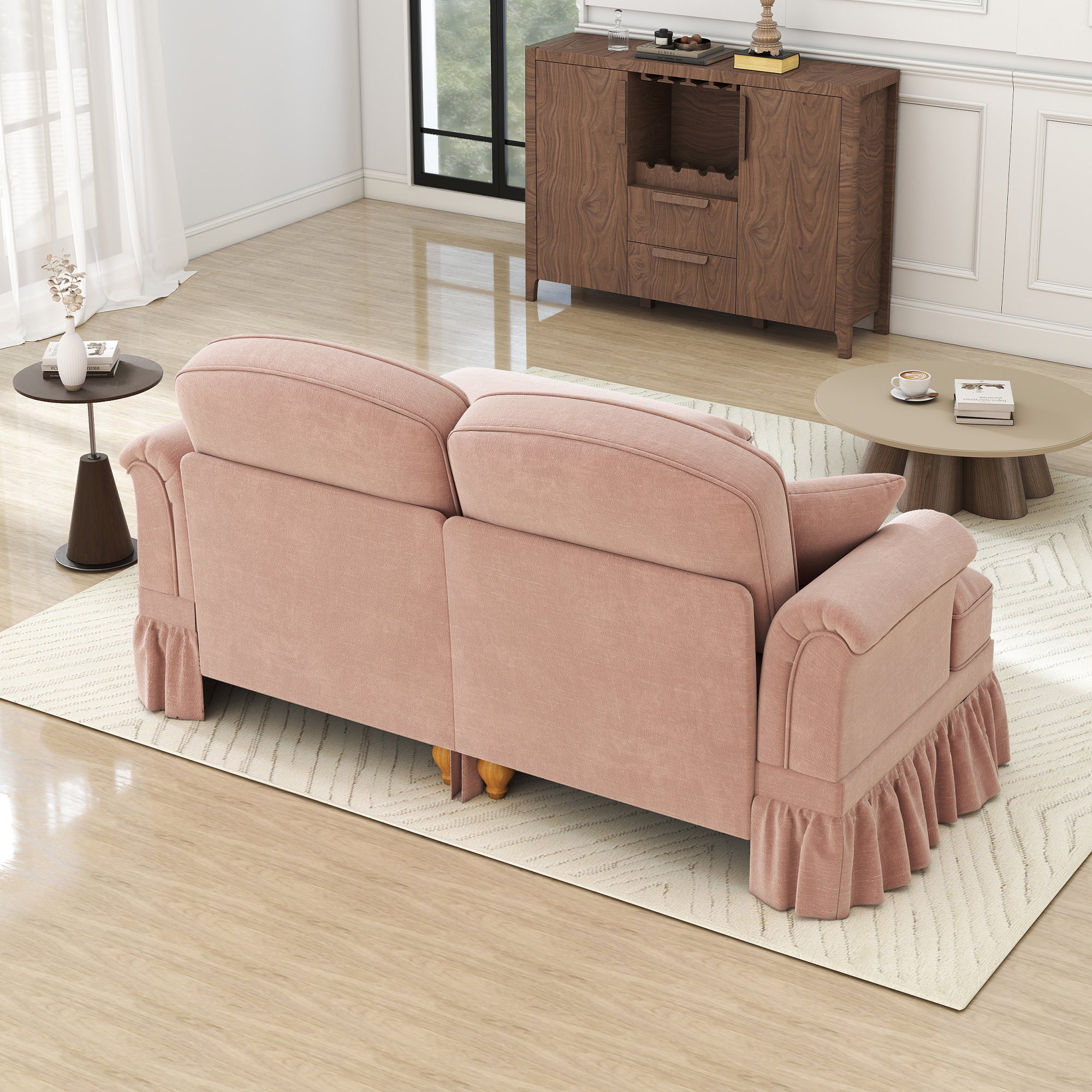 Modular L-Shaped Sofa Mid-Century 2-Seater Movable Ottoman - Pink Chenille