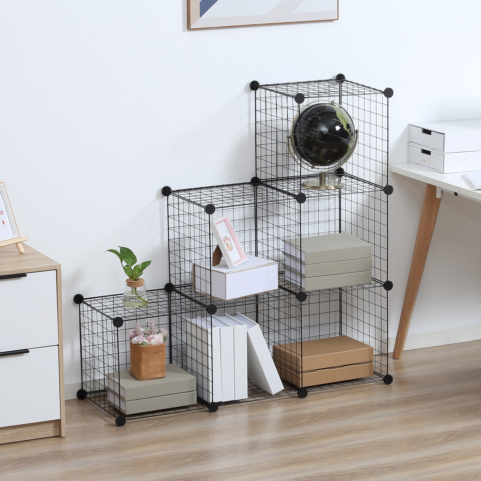 Shelving Unit, 6 Compartments, Wire Mesh Cube, Black