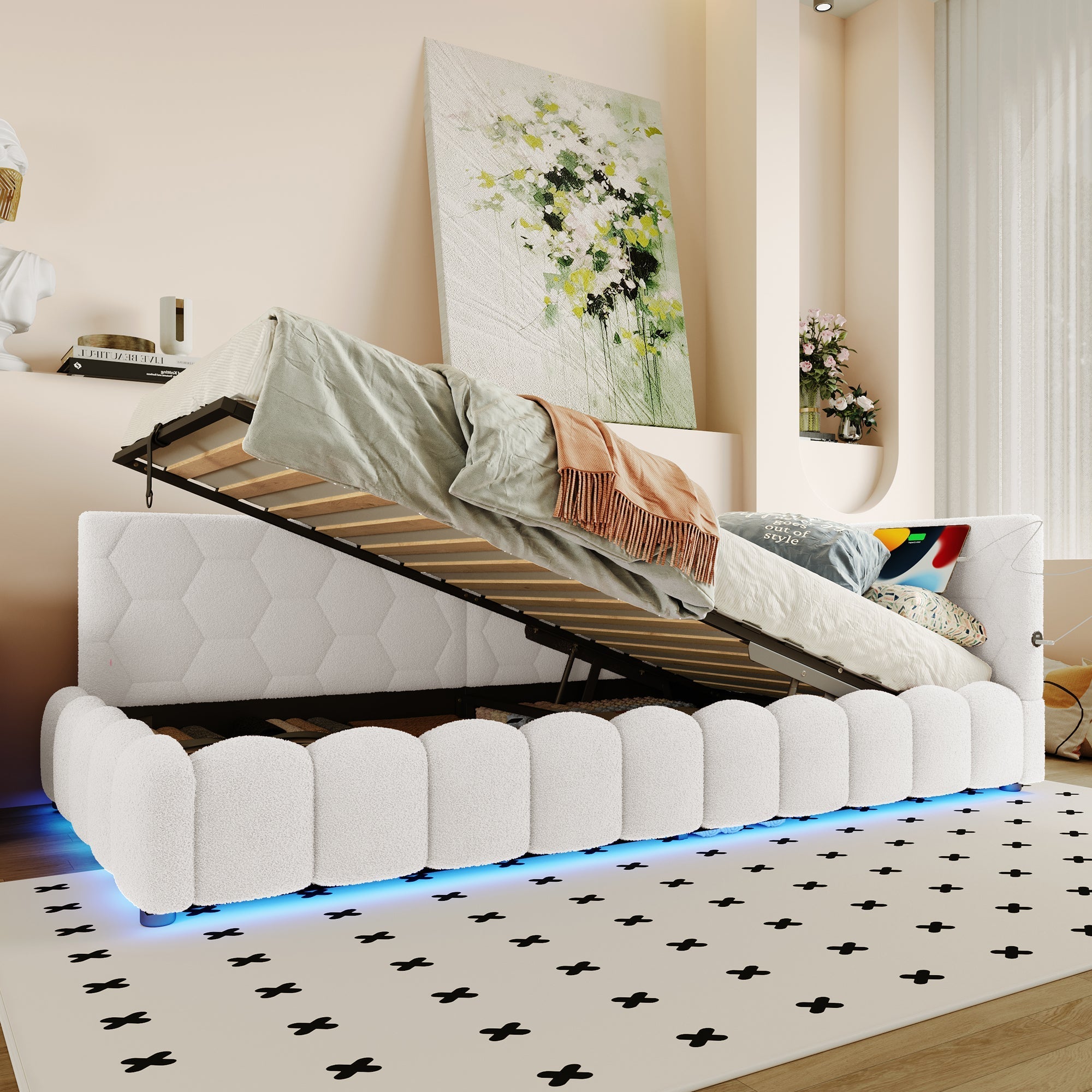 Daybed Sofa Bed 90x200cm Hydraulic Storage LED USB/Type-C - Imitation Fleece White