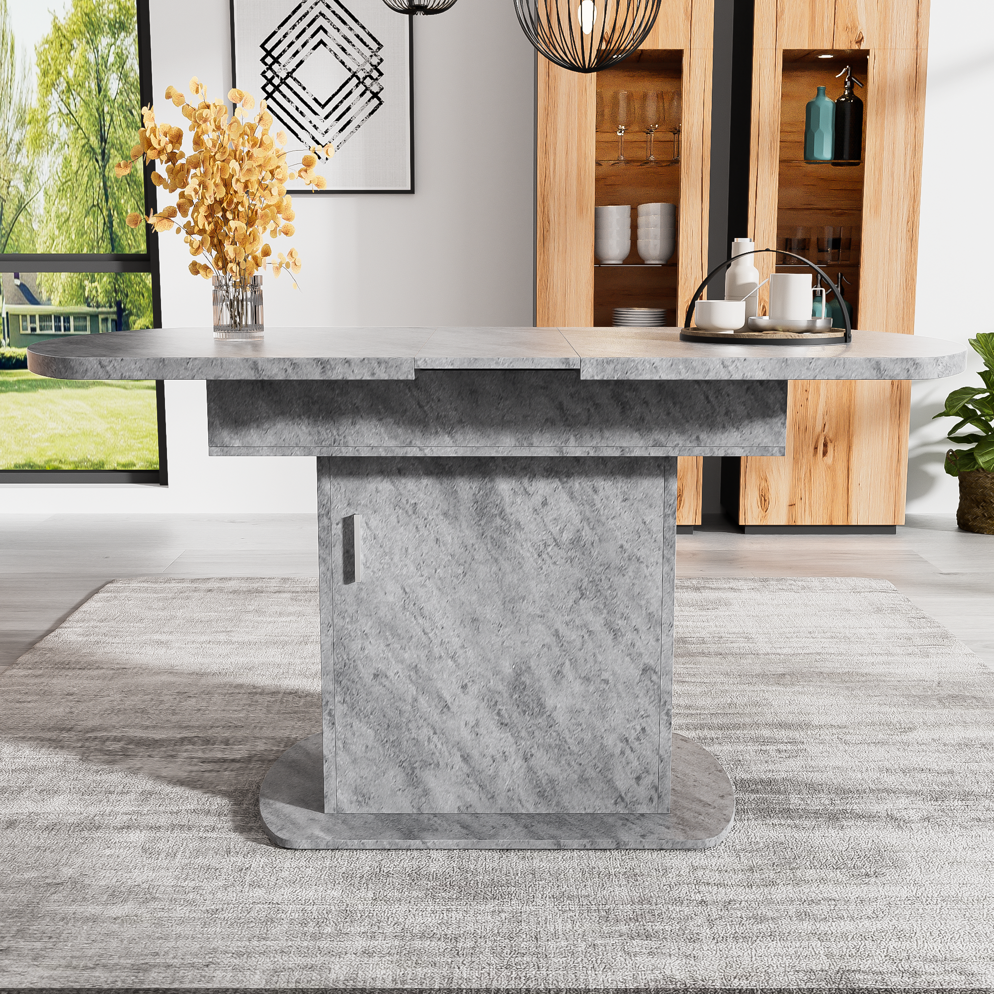 Extendable Oval Dining Table with Storage and Minimalist Design, Concrete Look and Silver Handle