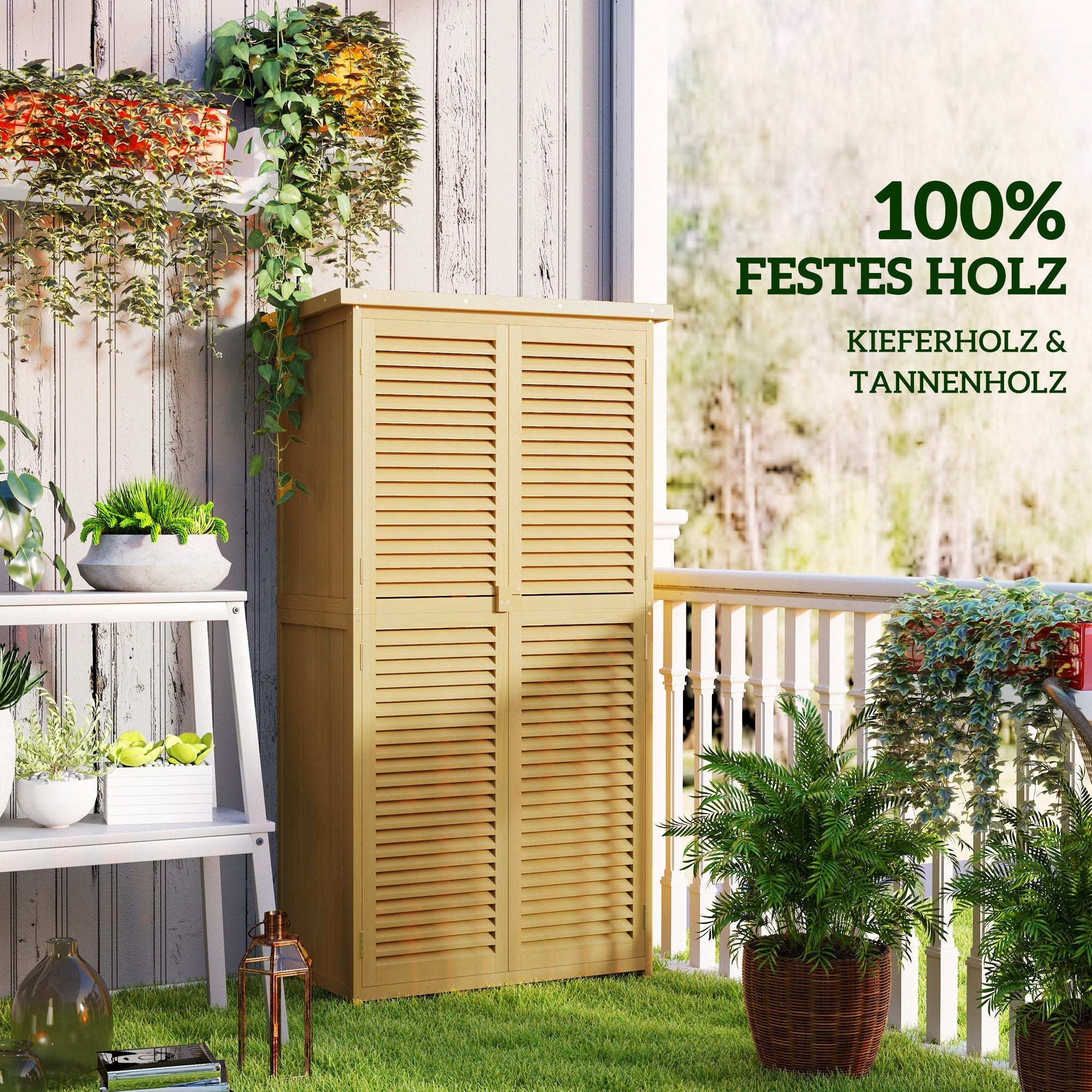 Garden Shed/Tool House, Asphalt Roof Louvered Door 4 Compartments, Wooden Light Yellow