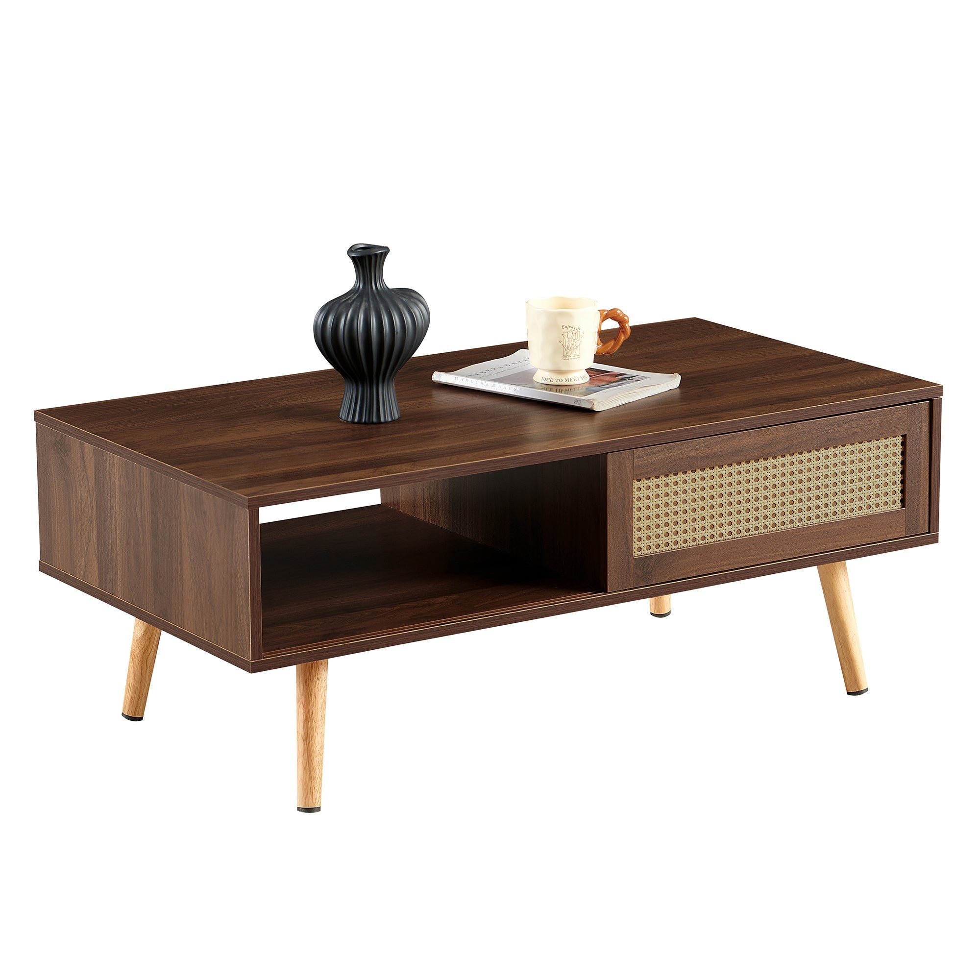 Wicker Coffee Table Sliding Doors Solid Wood Legs Dark Walnut Wood