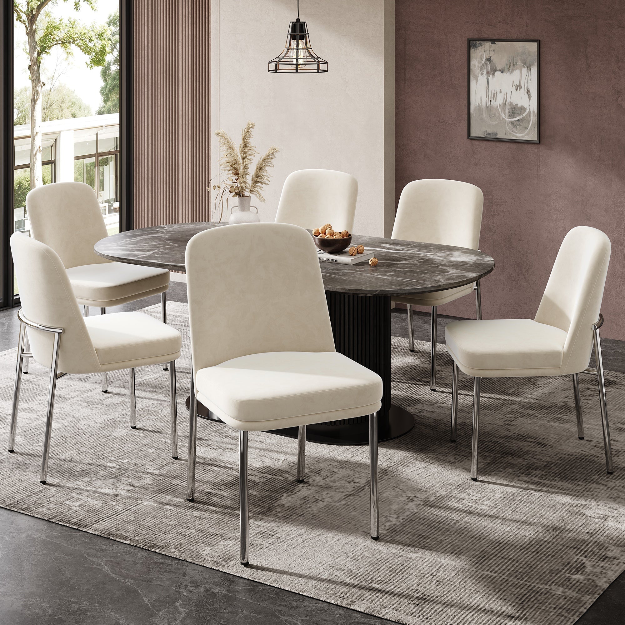 Dining Chairs Set of 2 Thickened Cushion Modern Metal Legs - Beige Velvet