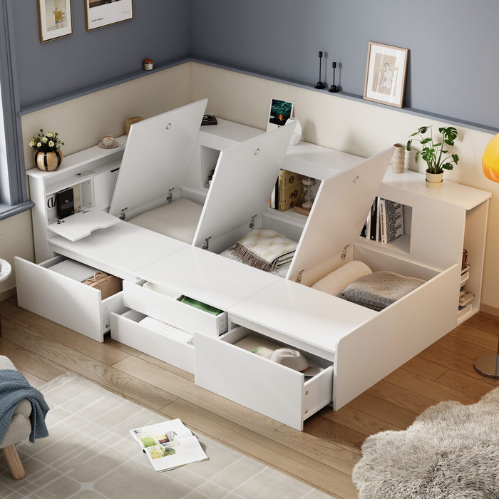 Children's Bed, Single 3ft Multifunctional with Drawers, Bookcase, and Storage - White