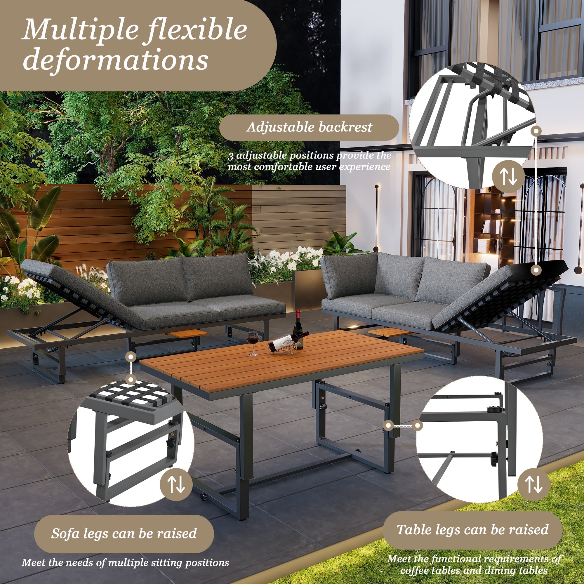 Outdoor Garden Furniture Set with Adjustable Table and Backrests, Galvanised Iron & Acacia Wood, Grey