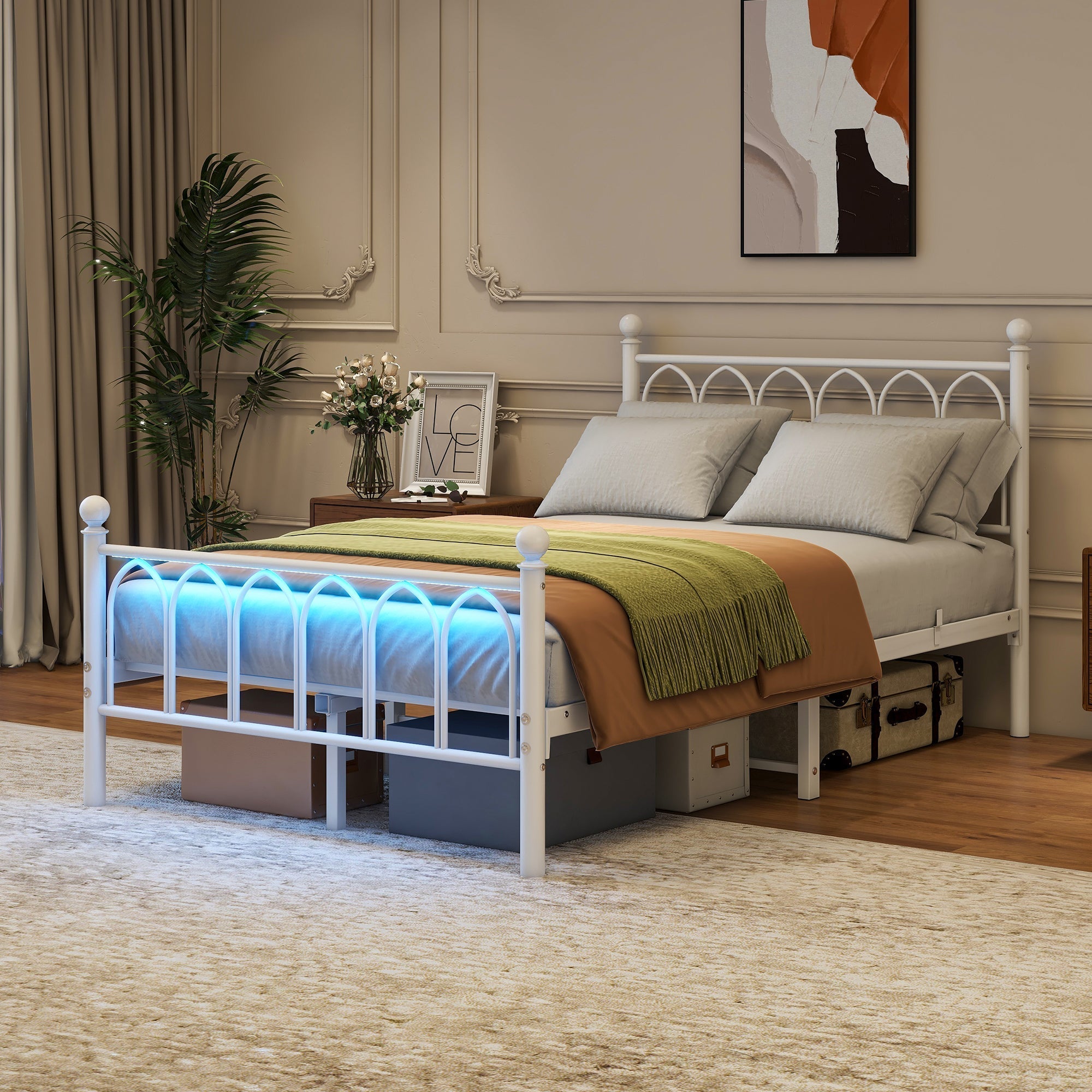 Metal Bed Frame 120x200cm, Vintage Headboard & Footboard with USB & LED, Heavy-Duty Steel, White