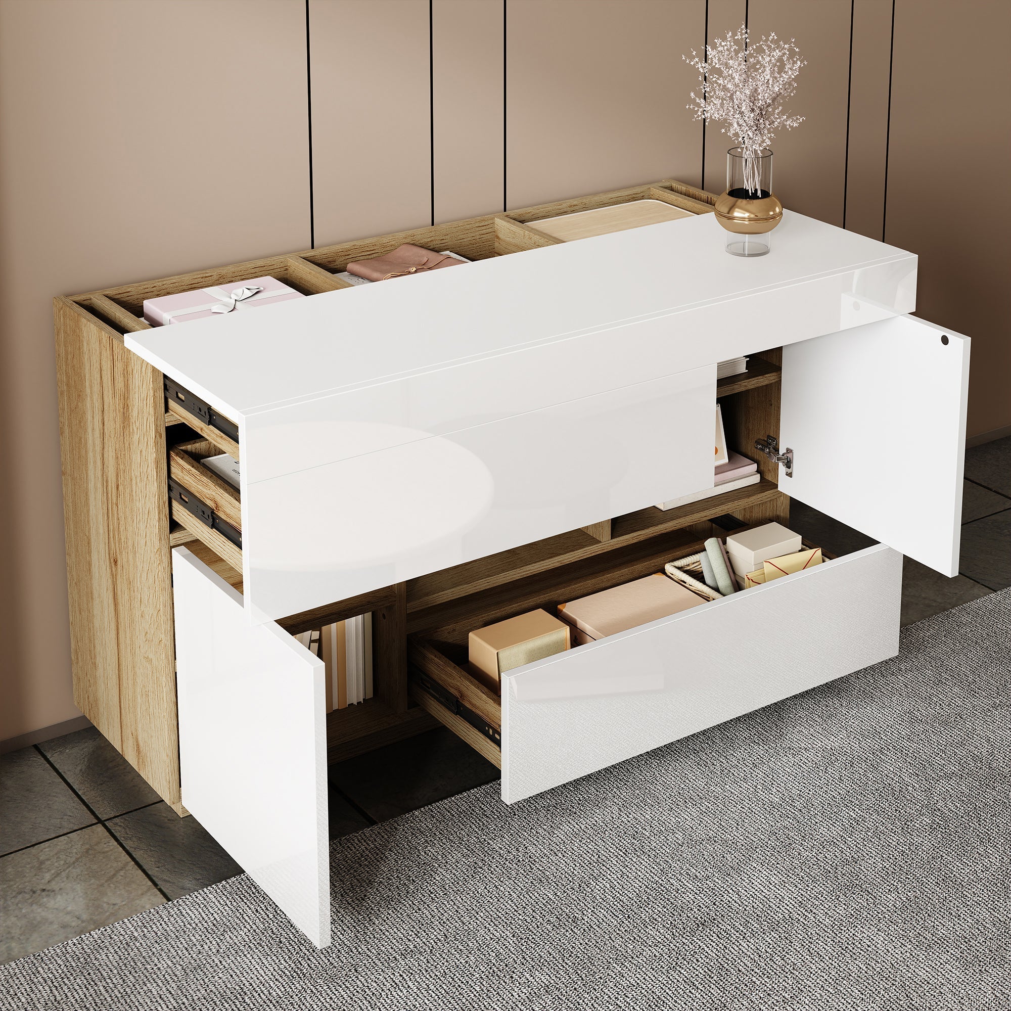 Sideboard, High-Gloss Display Cabinet with LED Lighting & Drawers, White