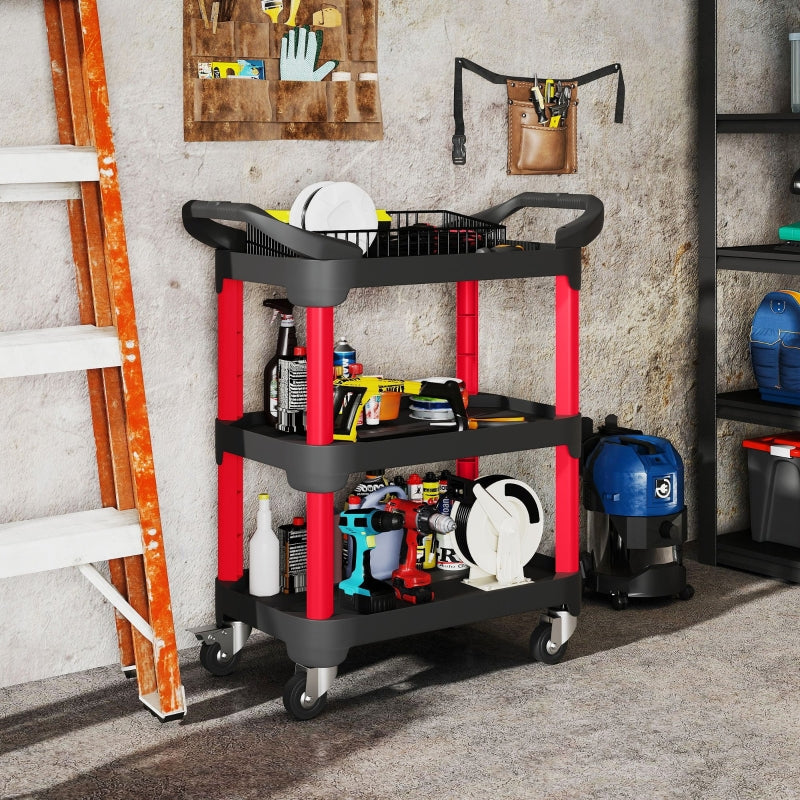 Workshop trolley with 3 levels, handle, 68 kg load capacity, black