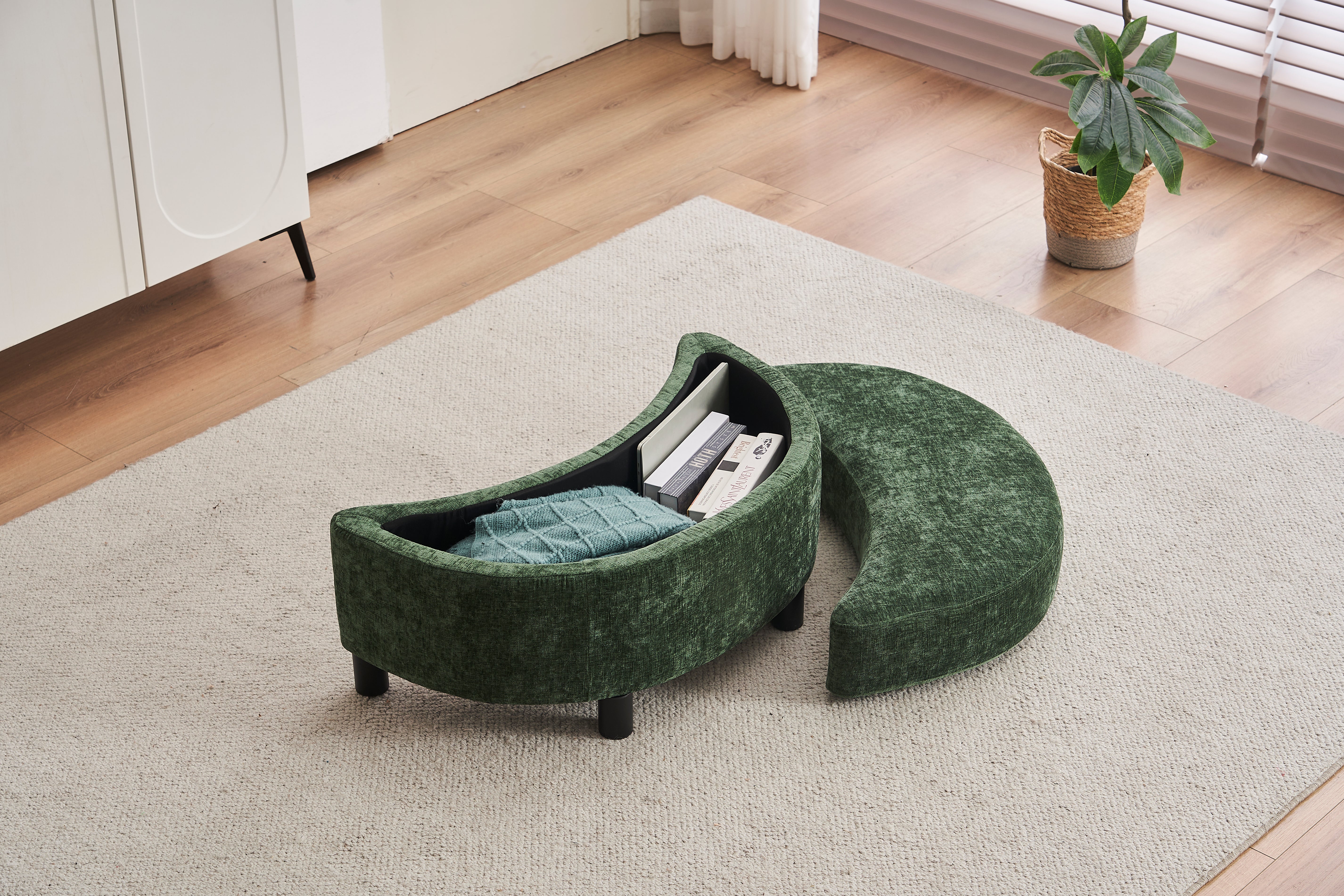 Chenille Swivel Armchair with 3 Back Cushion Pillow and Ottoman Crescent Stool, Green