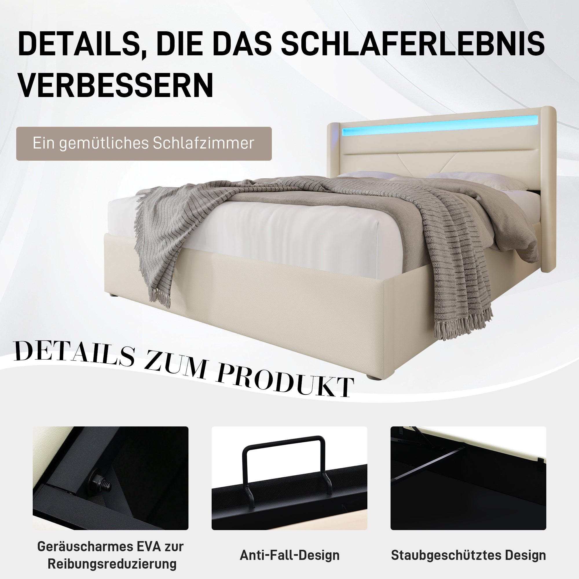 Hydraulic Storage Bed, LED Lighting, 140x200cm, White